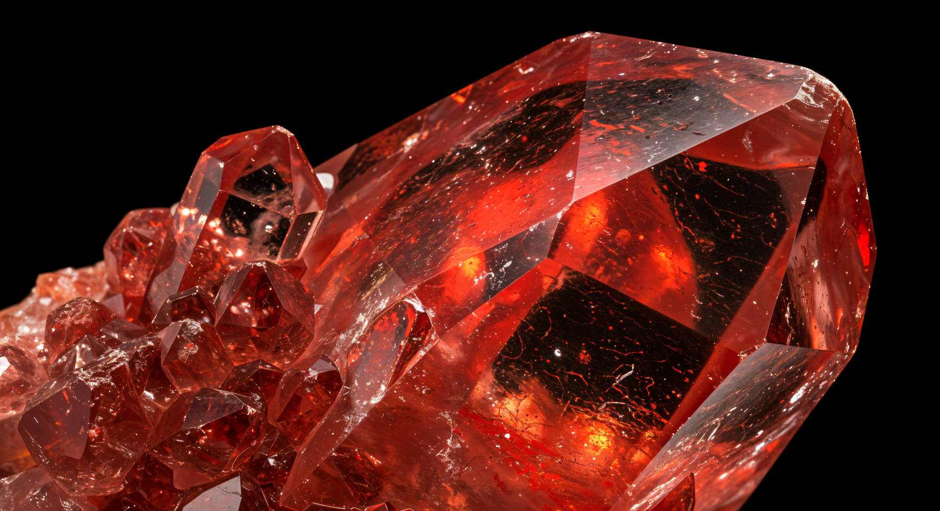 Close-up of a striking red quartz crystal, showcasing intricate facets and reflections, set against a black background. A stunning 4K Ultra HD desktop wallpaper.
