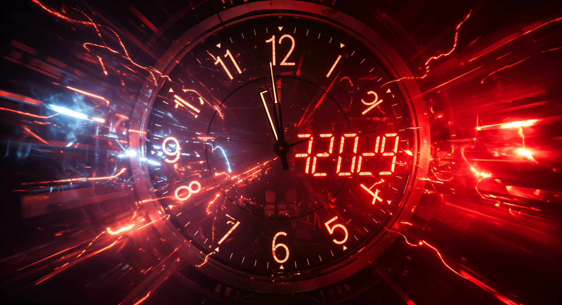 4K Ultra HD desktop wallpaper featuring a red digital clock and analog time display, capturing the energy of a New Year countdown moment.