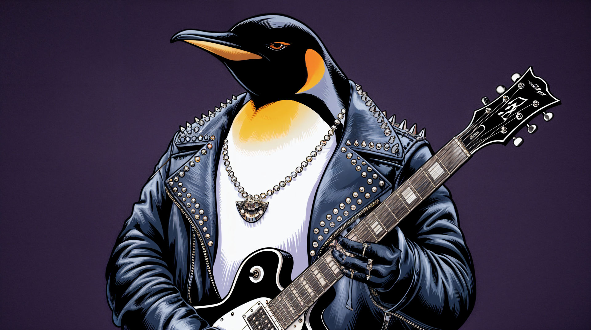A vibrant 4K Ultra HD image of an emperor penguin dressed in a leather jacket, sporting a necklace, and playing an electric guitar against a bold purple background.