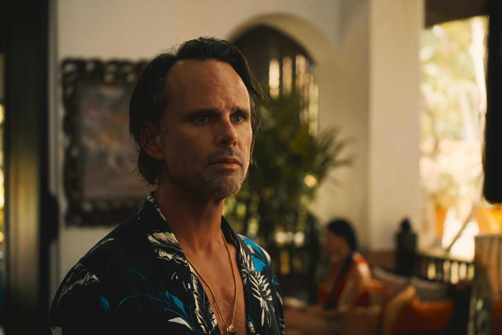 Walton Goggins in a scene from The White Lotus, wearing a floral shirt, with an expressive demeanor in a stylish, luxurious setting. HD desktop wallpaper showcasing the show's aesthetic.