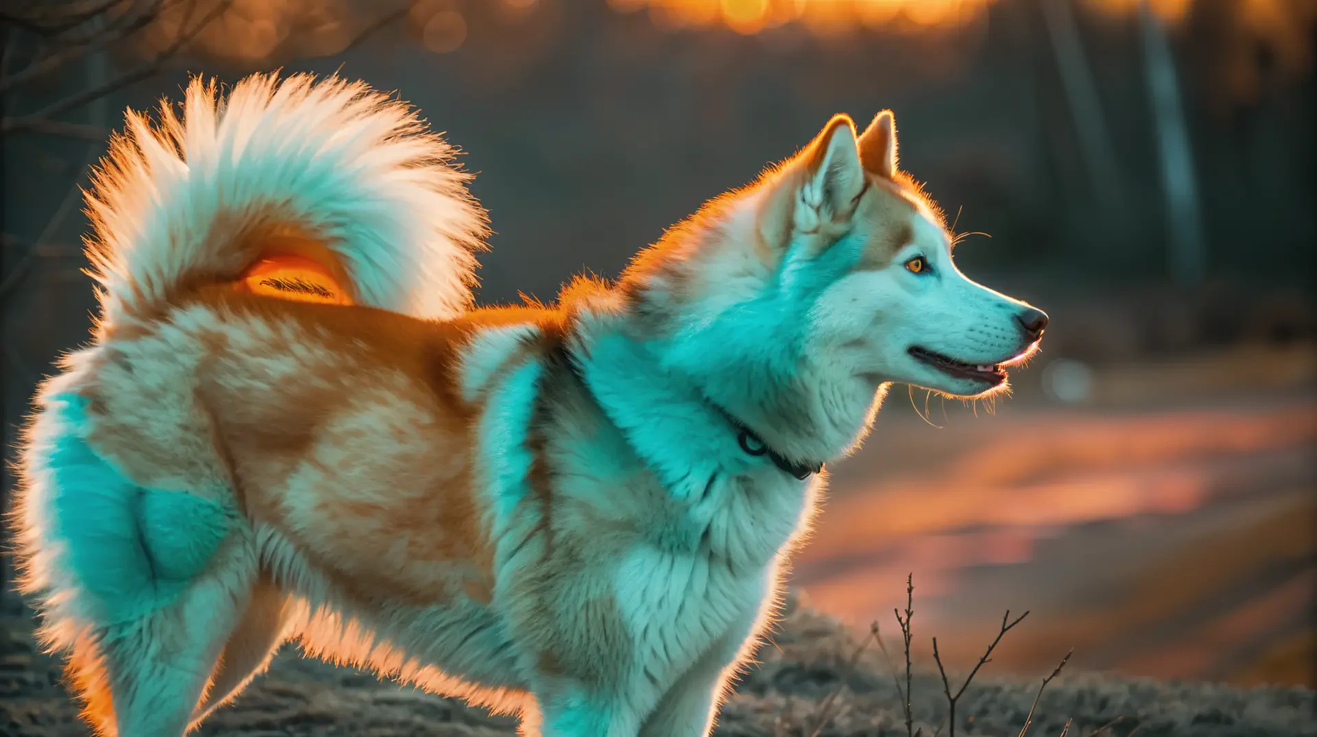 A majestic malamute stands against a vibrant sunset backdrop, showcasing its thick fur and expressive features in this stunning 4K Ultra HD desktop wallpaper.