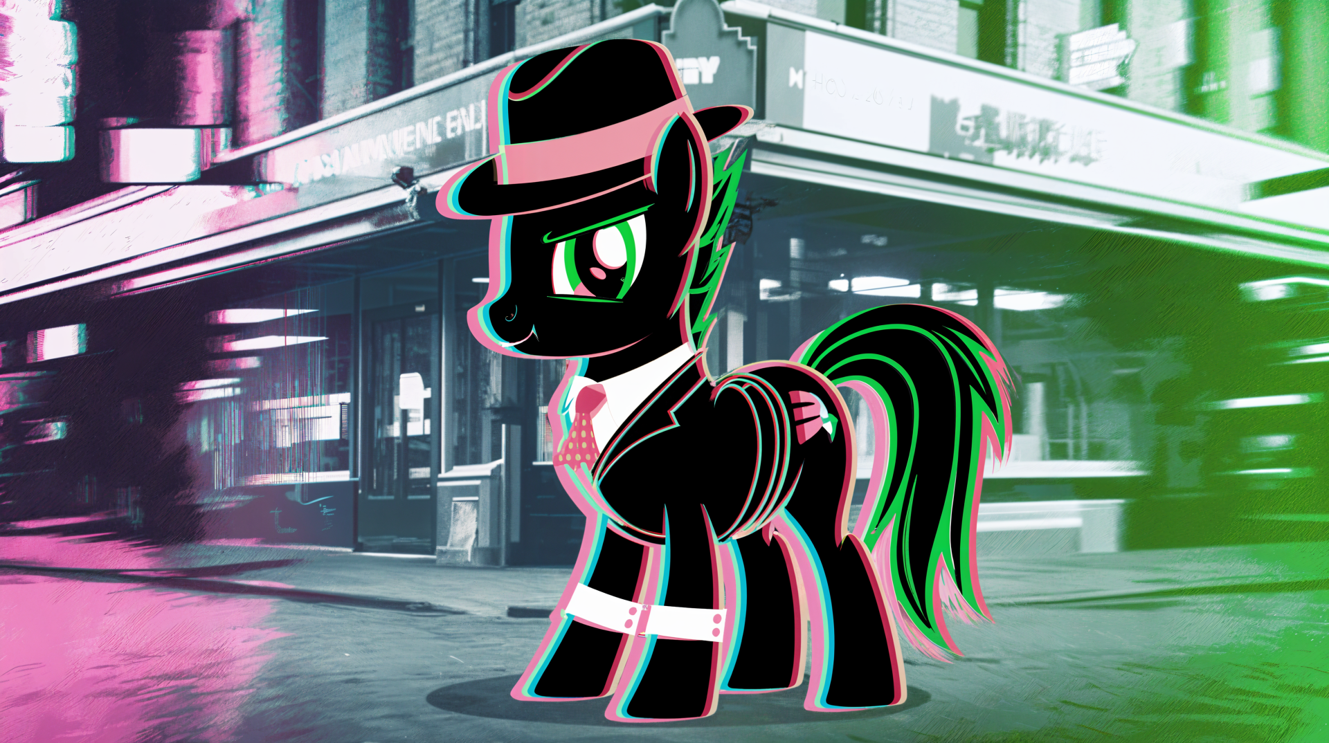 A stylish pony in a fedora and suit stands in a vibrant, urban setting, creating a striking 4K Ultra HD desktop wallpaper and background.