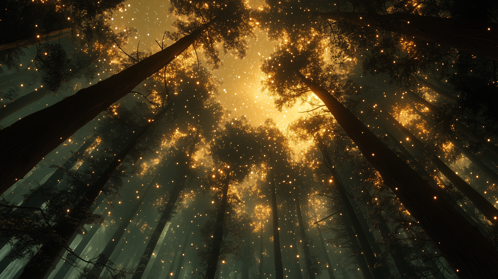 A serene view of sunlight filtering through tall trees, creating a warm glow amidst lush foliage. This HD wallpaper captures the beauty of nature in a tranquil forest setting.