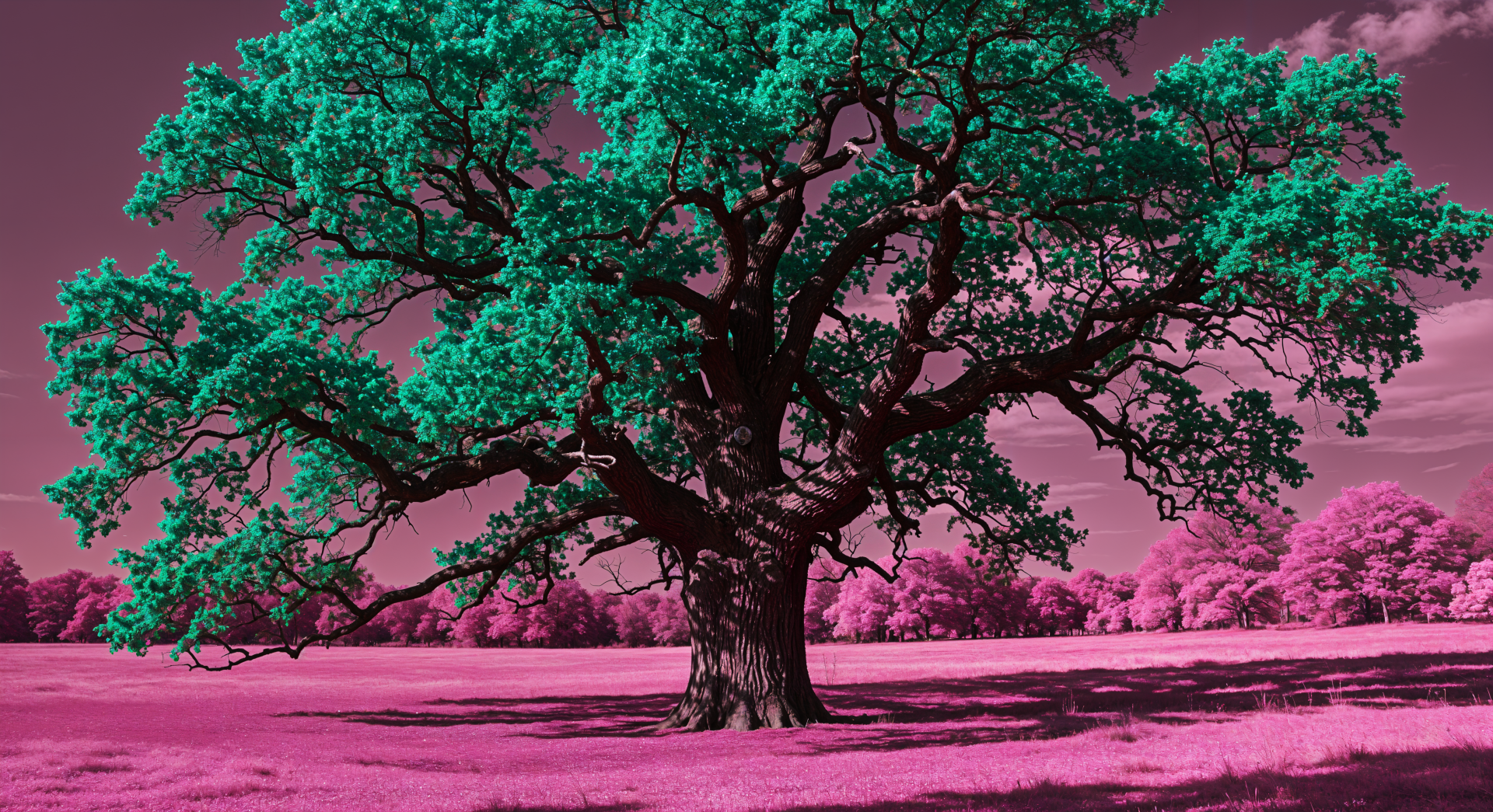A vibrant oak tree stands prominently, surrounded by a colorful landscape in this 4K Ultra HD desktop wallpaper, showcasing vivid greens and pinks.