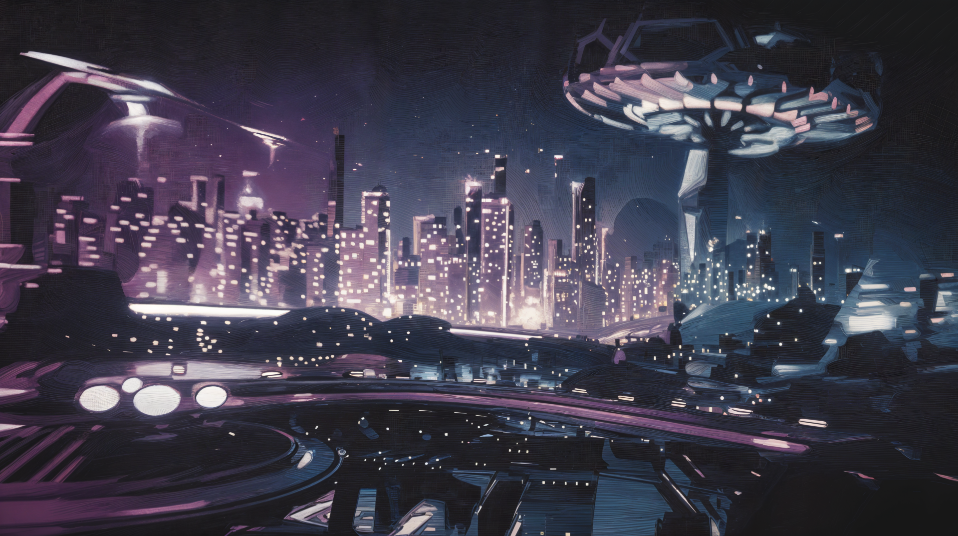 A vibrant duotone cityscape at night, featuring futuristic buildings and a hovering craft, set against a backdrop of glowing lights. An engaging 4K Ultra HD desktop wallpaper.