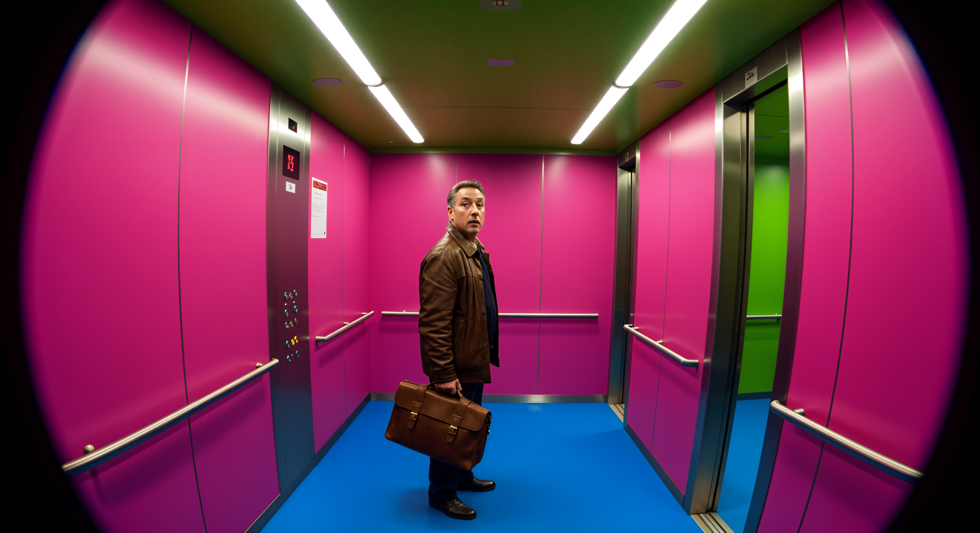 A man stands in a vibrant elevator with pink walls and blue flooring, carrying a briefcase, captured in this 4K Ultra HD PC desktop wallpaper.