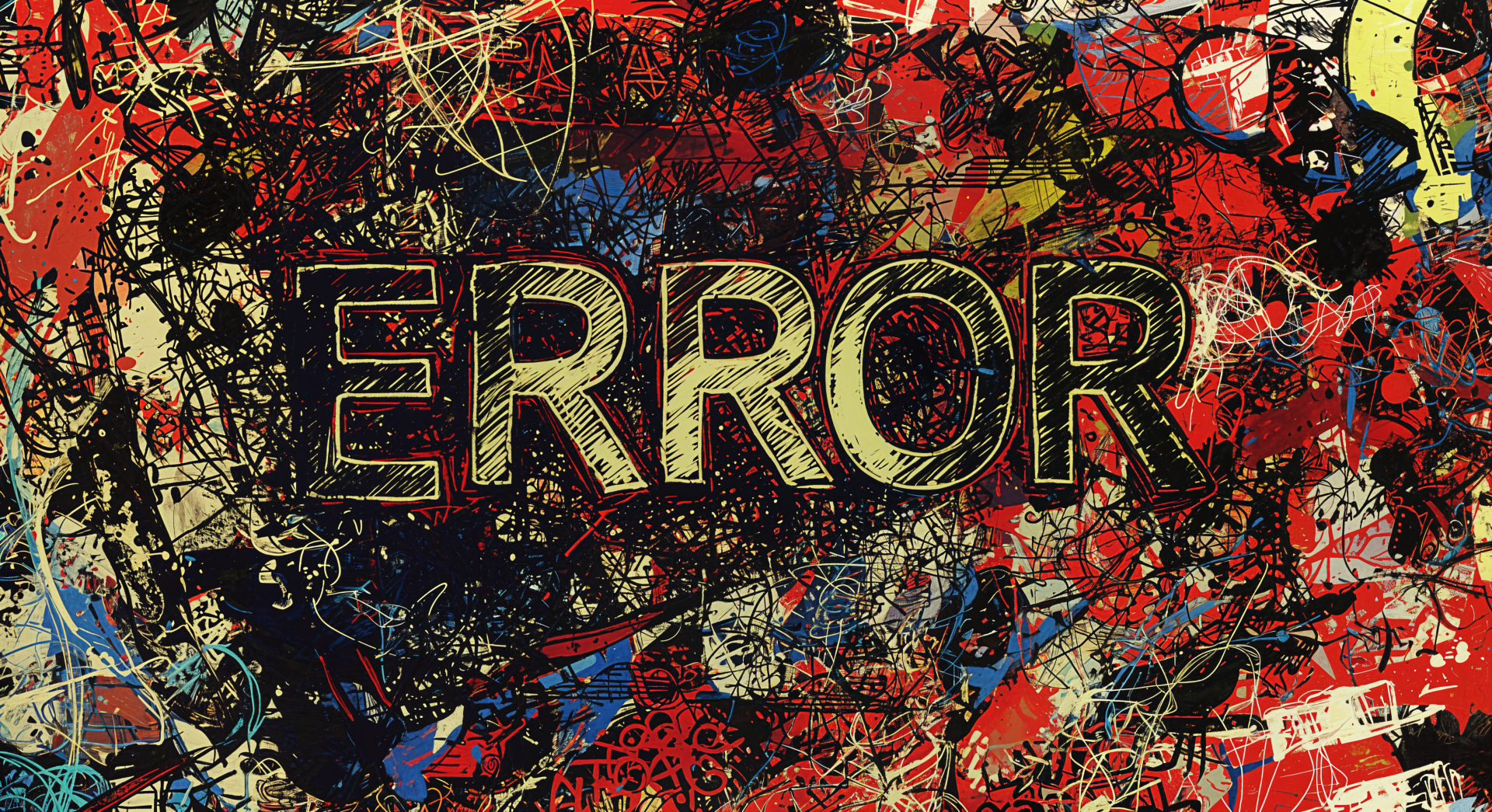 A vibrant 4K Ultra HD desktop wallpaper featuring chaotic abstract patterns in red, blue, and yellow, with the word ERROR prominently displayed in a bold font.