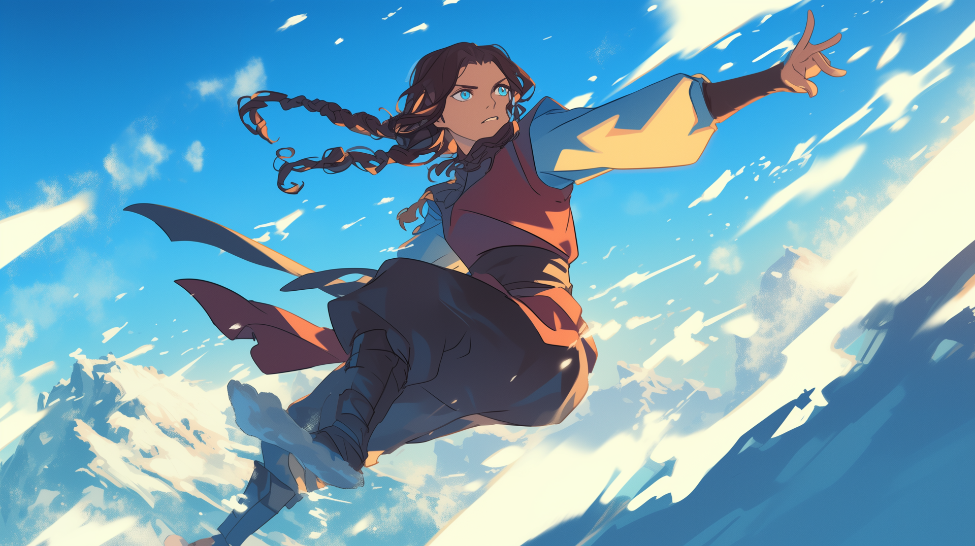 Katara, a character from Avatar: The Last Airbender, dynamically moves through a vibrant blue sky and swirling snow, showcasing her waterbending abilities in this striking anime-inspired HD wallpaper.