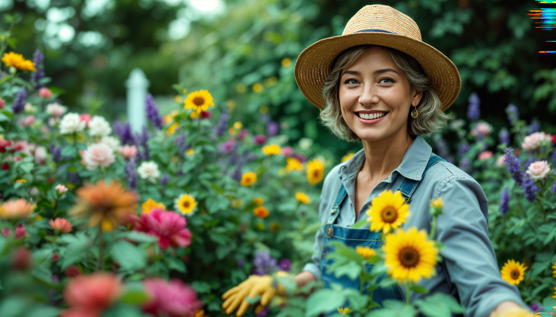 A smiling woman in a straw hat stands among vibrant flowers, showcasing her passion for gardening. This colorful scene serves as a stunning 4K Ultra HD desktop wallpaper.