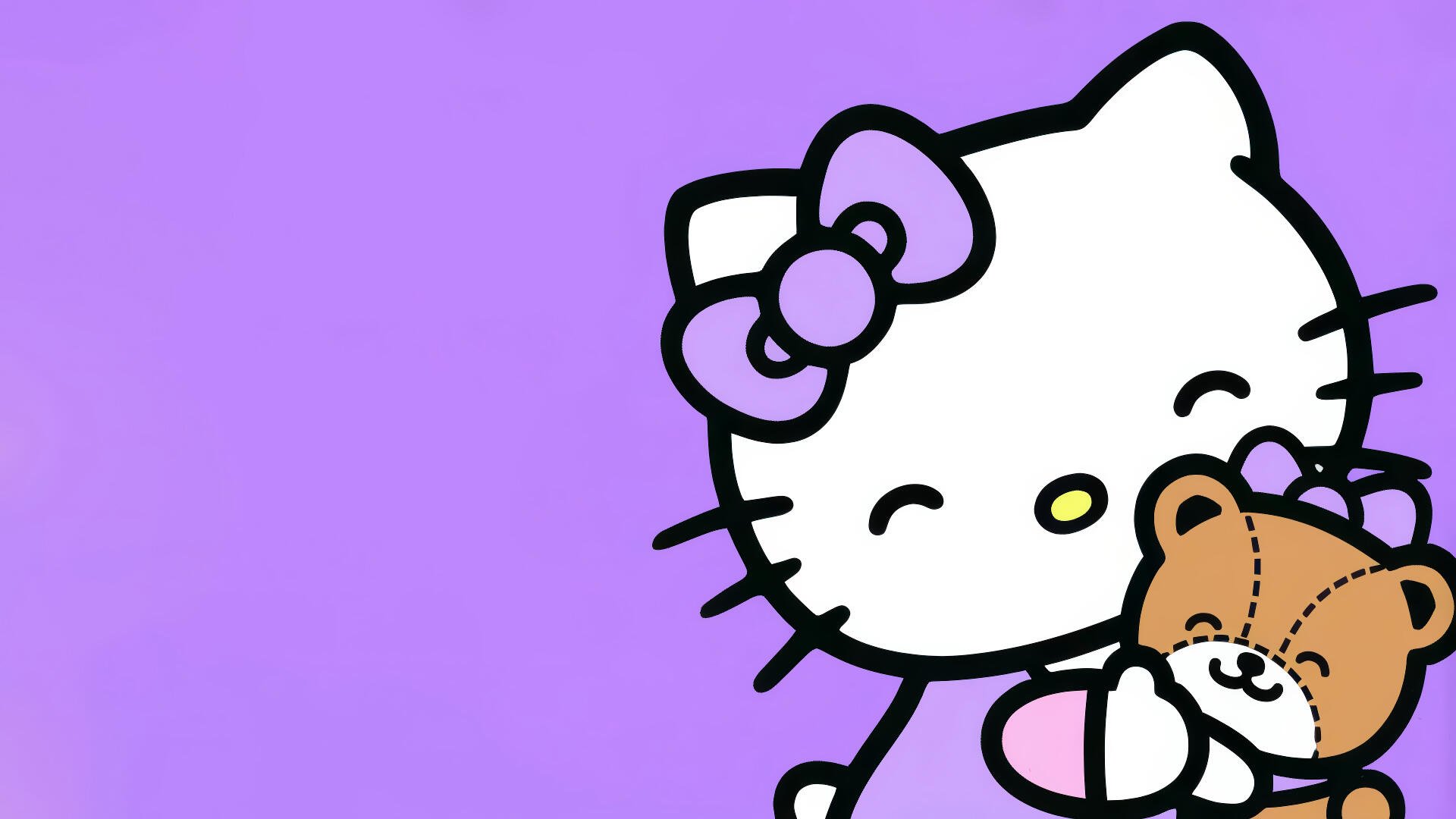 HD PC desktop wallpaper featuring Hello Kitty holding a teddy bear against a purple background with a matching purple bow.