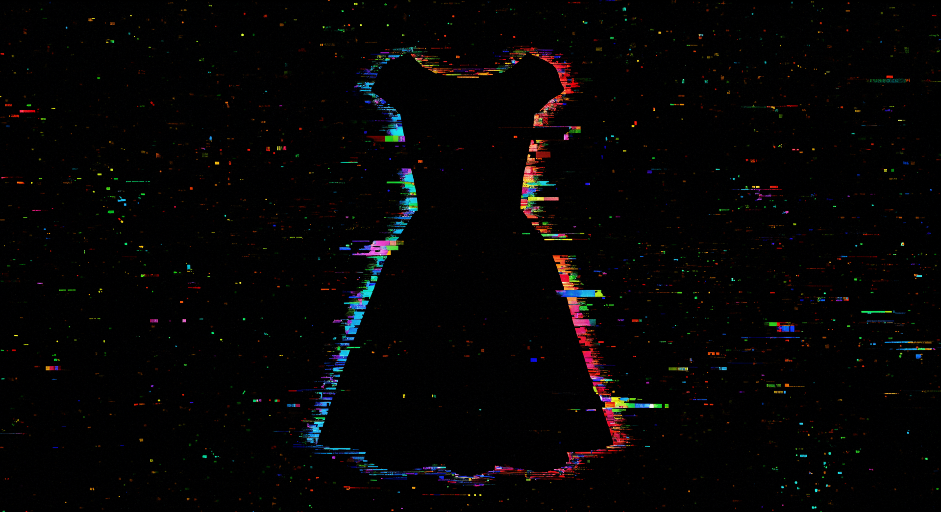 Silhouette of a black dress with glitch art effects against a dark background, designed as a 4K Ultra HD PC desktop wallpaper.