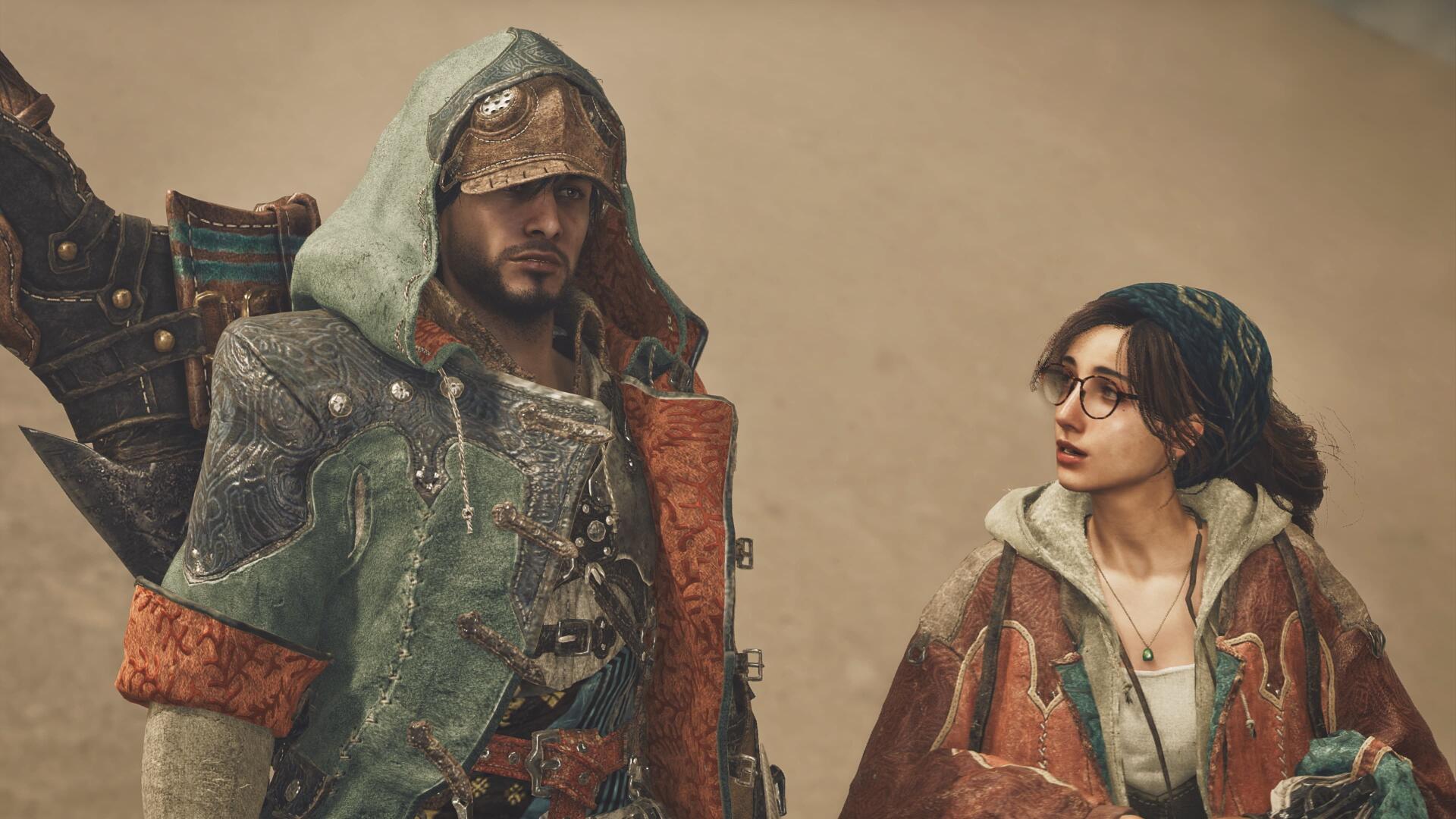 A captivating 4K Ultra HD wallpaper from the video game Monster Hunter Wilds, featuring two characters in detailed attire, set against a muted, sandy background.