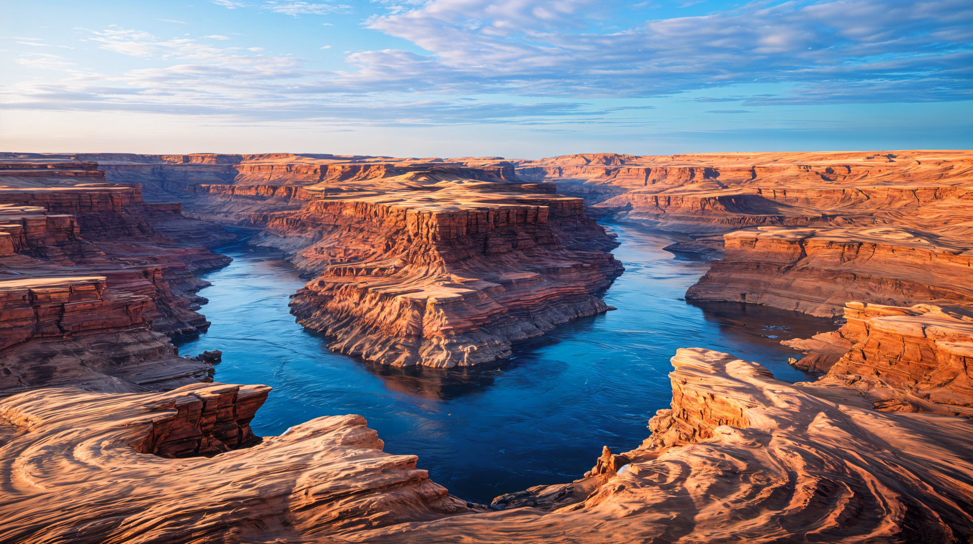 A stunning 4K Ultra HD image of a canyon with winding rivers and layered rock formations, capturing the expansive beauty of nature under a vibrant sky.