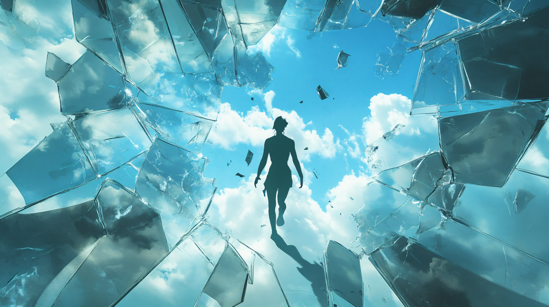 A figure walks through a shattered glass ceiling, illuminated by blue skies and clouds in this vibrant 4K Ultra HD desktop wallpaper, symbolizing breaking barriers and achieving freedom.