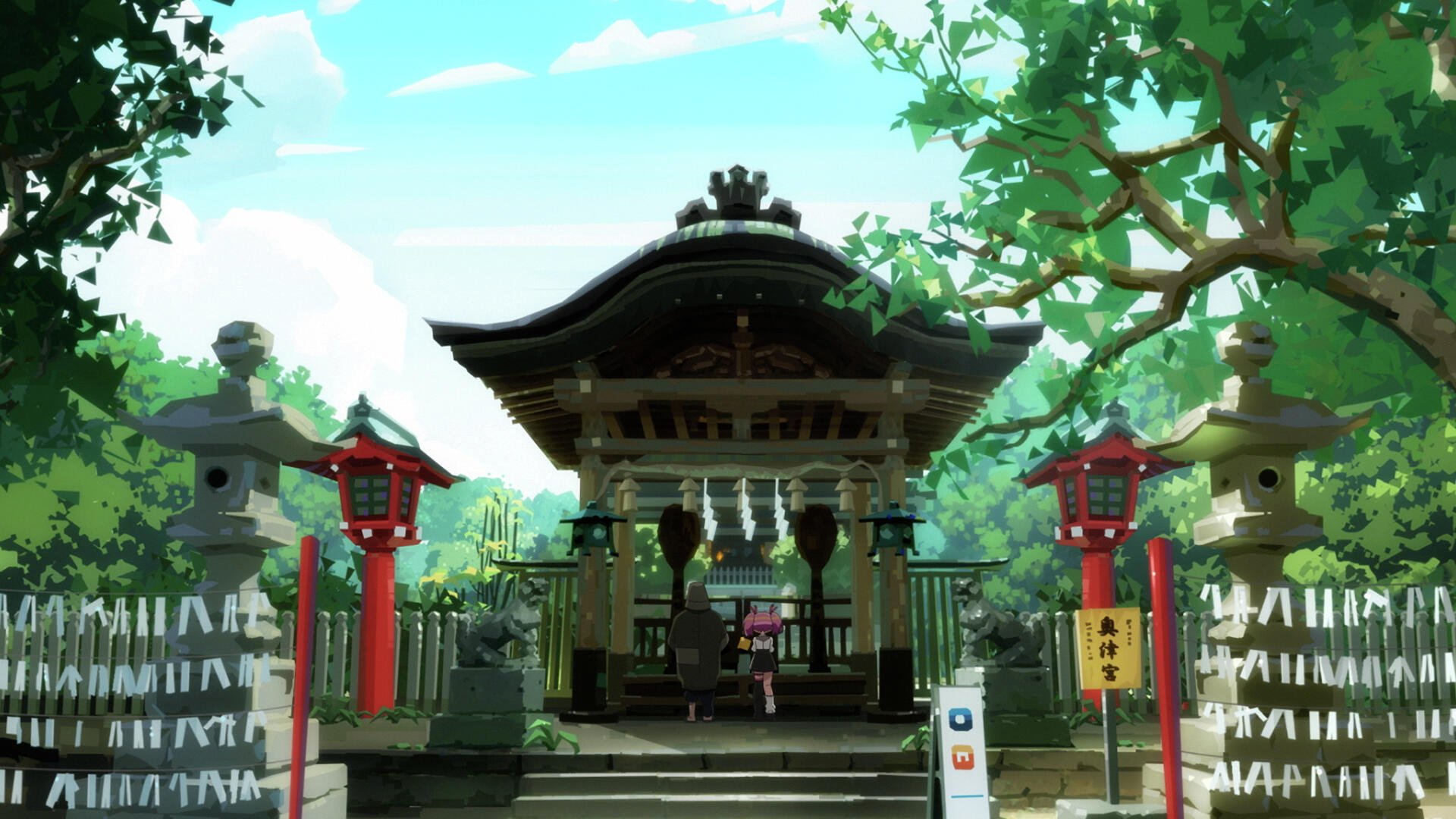HD PC desktop wallpaper featuring a serene anime scene from Aquarion: Myth of Emotions, showcasing a traditional shrine surrounded by lush greenery under a bright sky.