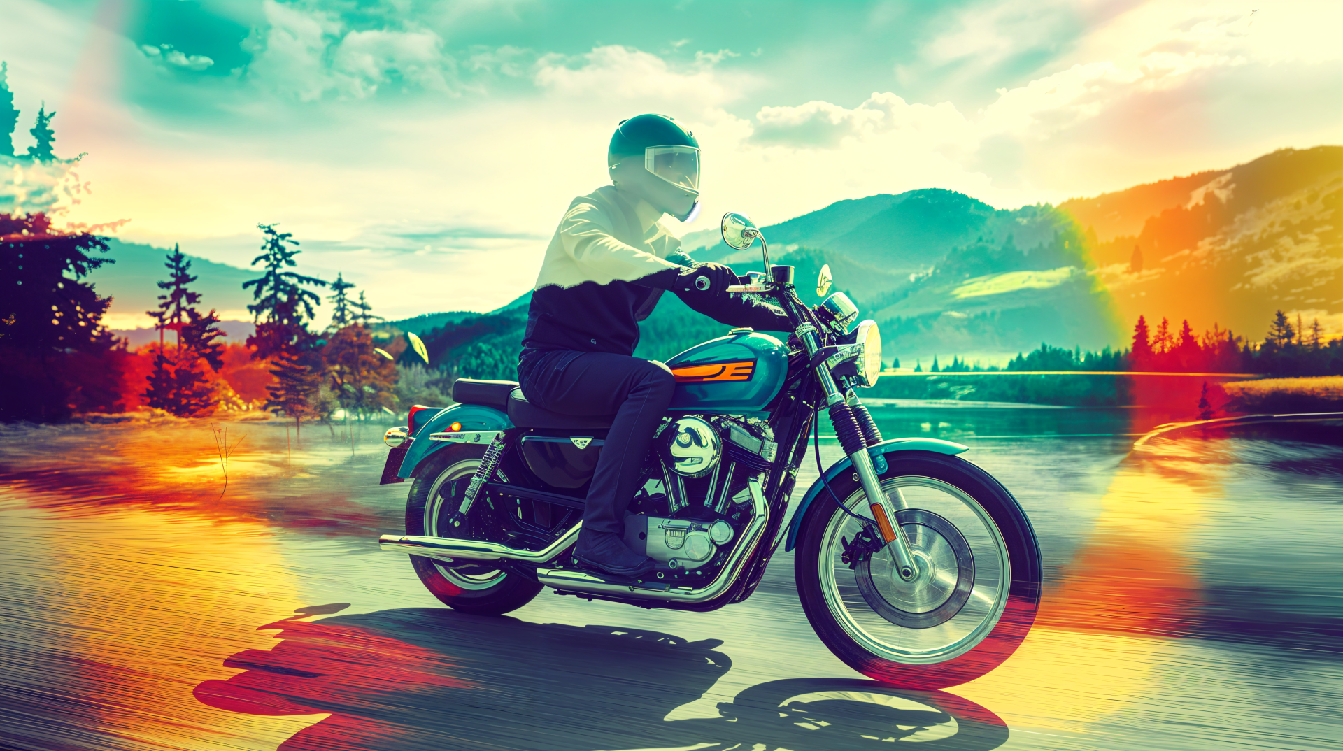 Double exposure 4K Ultra HD wallpaper featuring a rider on a motorcycle blended with a mountain landscape under a vibrant sky.