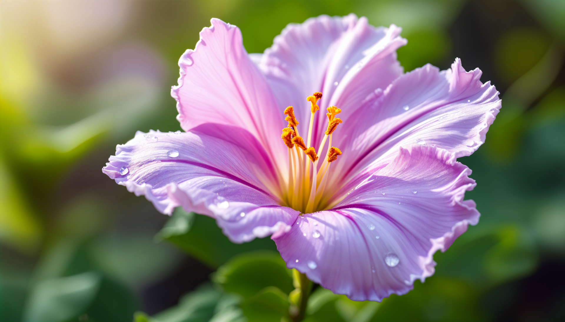 A stunning close-up of a pink wildflower, showcasing delicate petals and vibrant yellow stamens, adorned with droplets, set against a lush green background. A beautiful 4K Ultra HD desktop wallpaper.