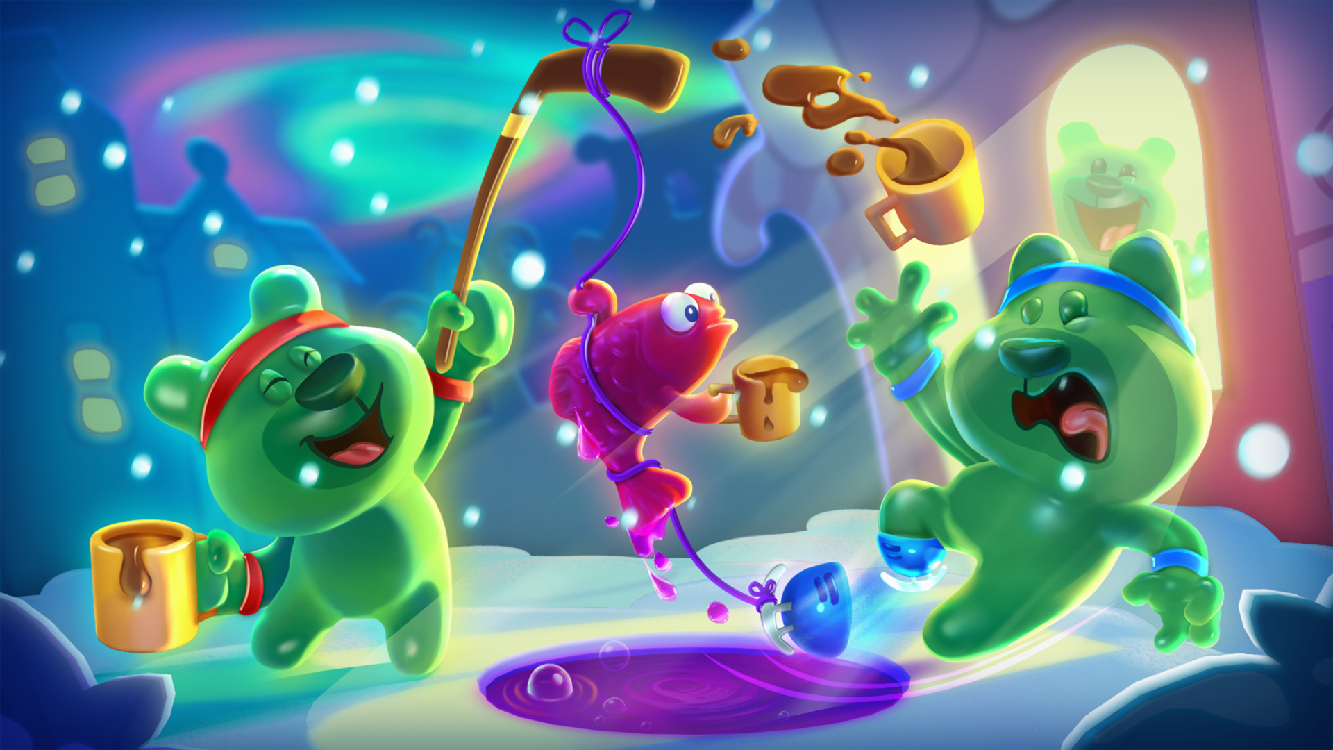 Colorful HD wallpaper featuring characters from Candy Crush Soda Saga, showcasing playful green bears and a vibrant fish in a whimsical, candy-themed setting.