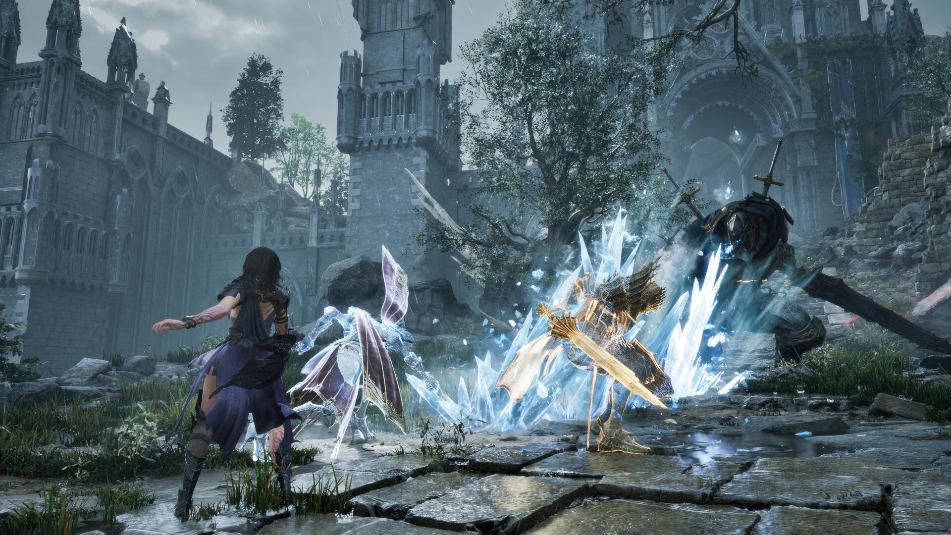 A dramatic scene from the video game Tides of Annihilation, showcasing a character amidst a mystical battle with shimmering energies in a detailed, gothic landscape. 4K Ultra HD quality.