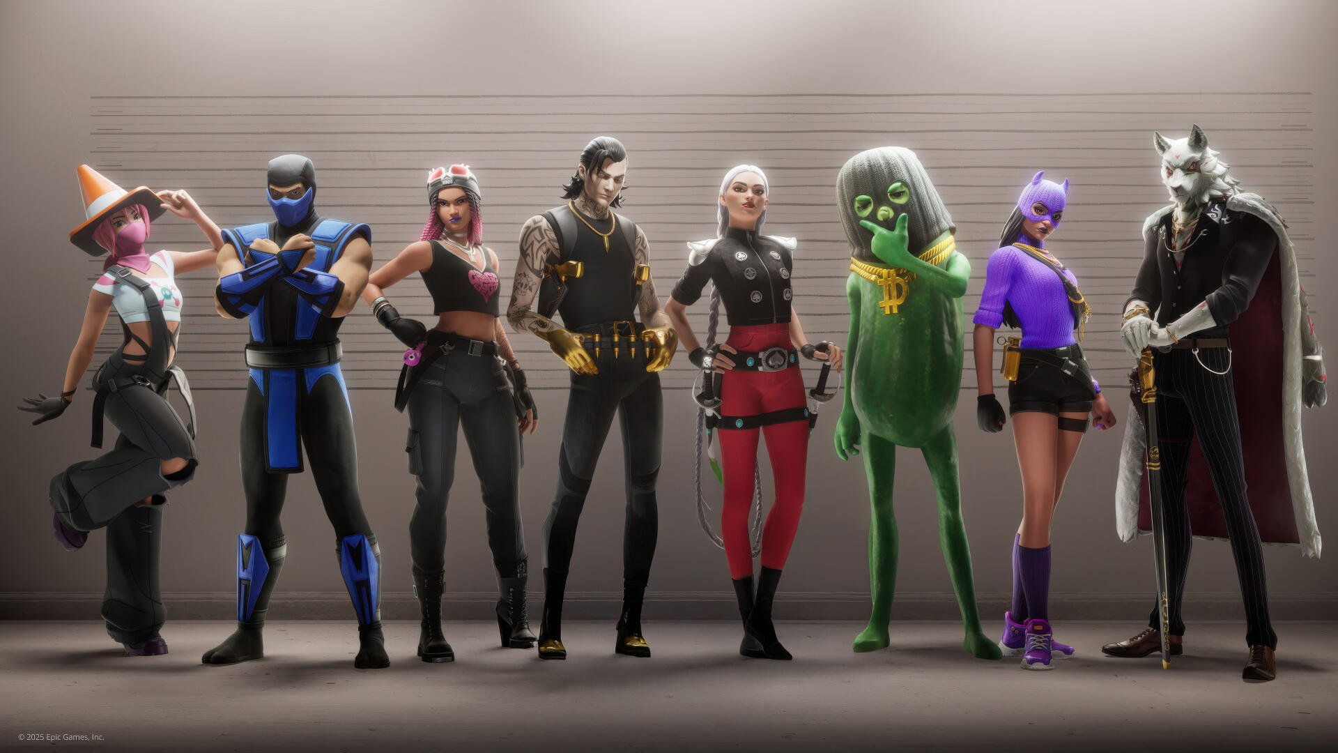 4K Ultra HD PC desktop wallpaper — Fortnite Battle Royale: eight Fortnite characters in colorful skins stand in a lineup against a neutral studio backdrop.