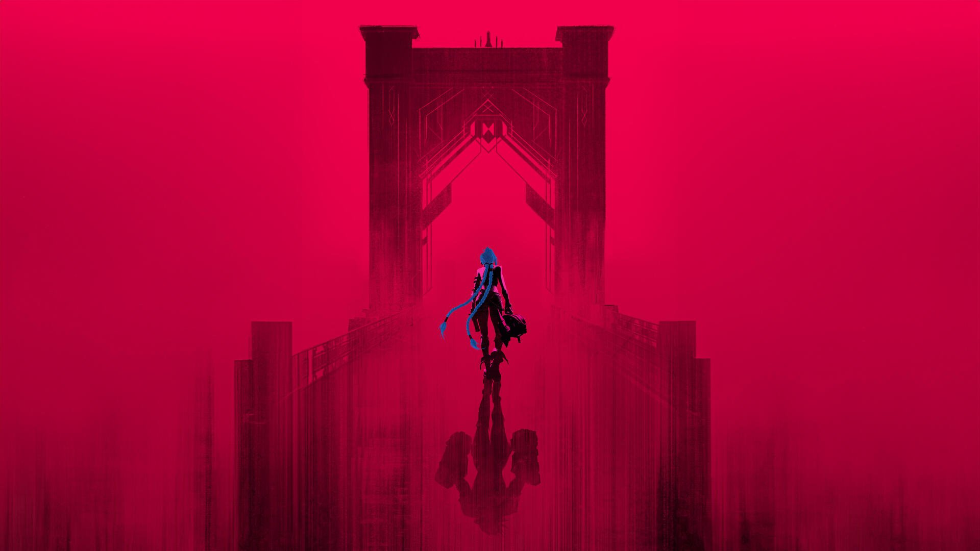 4K Ultra HD PC desktop wallpaper featuring a solitary figure walking toward a towering archway, immersed in a striking red and dark color scheme inspired by Arcane.