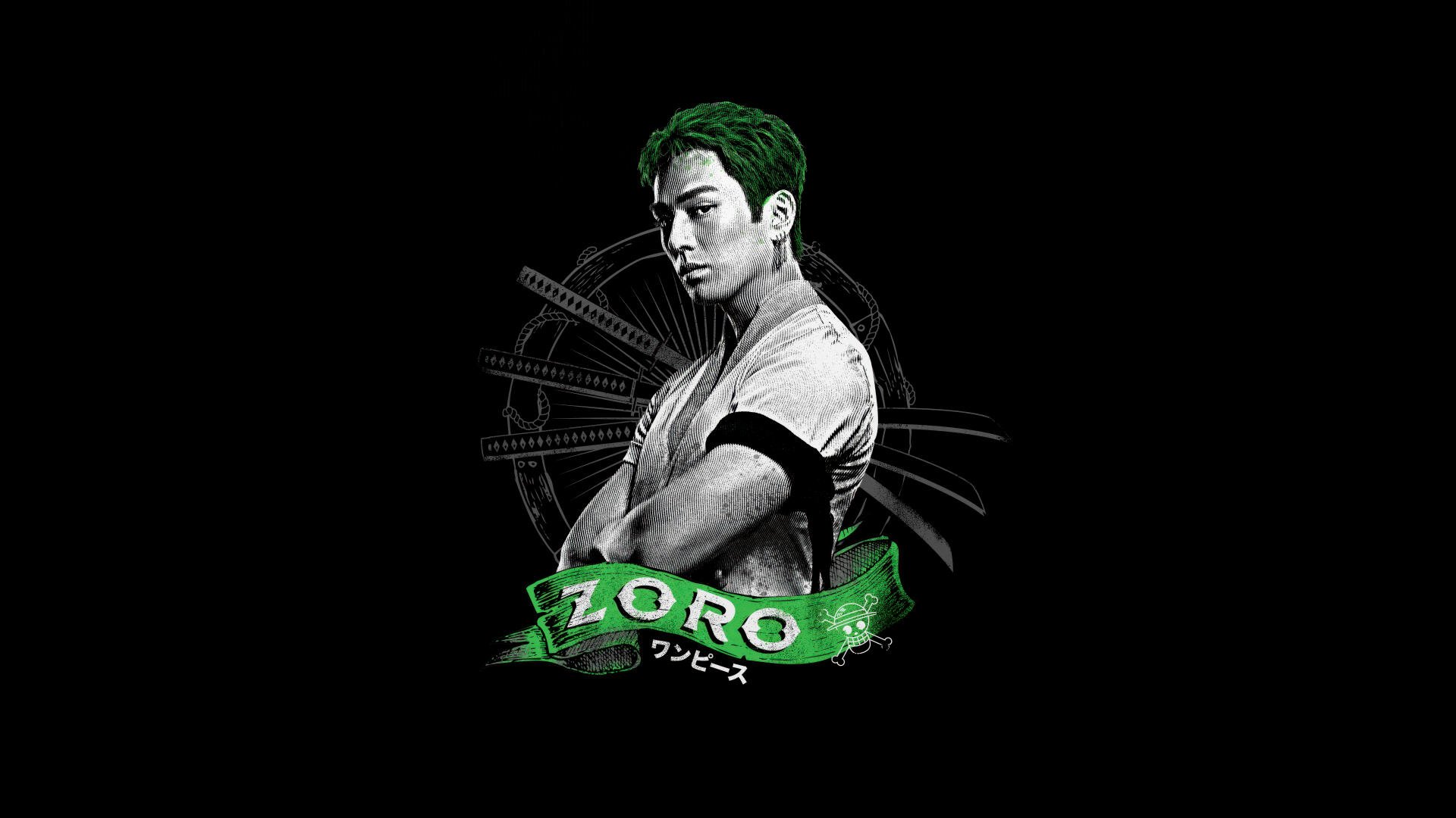 Live-action One Piece Zoro portrait with green hair, crossed swords and a green name banner on a black background — 8K Ultra HD PC desktop wallpaper/background.