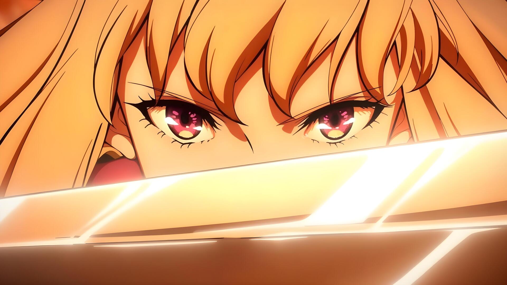 Close-up 4K Ultra HD wallpaper of Solo Leveling's Cha Hae-in, showcasing intense eyes and glowing sword light in a vibrant anime style.