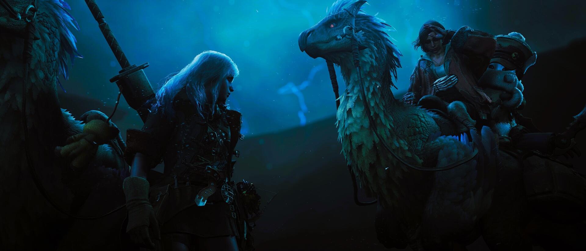 A vivid HD desktop wallpaper features characters from Monster Hunter Wilds interacting with a Chocobo from Final Fantasy, set against a mystical blue background.