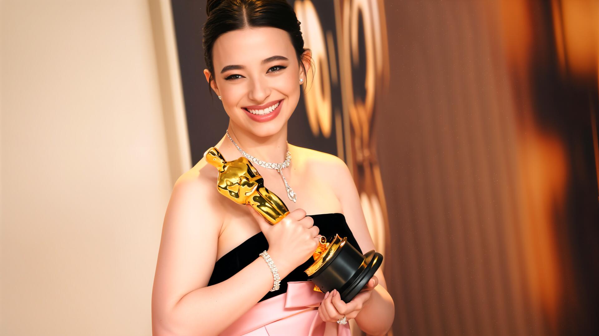 Mikey Madison beams with joy at the Academy Awards, holding her Oscar in a stunning pink and black gown, captured in vibrant 4K Ultra HD.