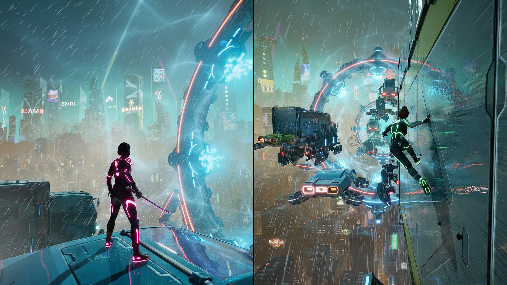 A dynamic HD wallpaper from the video game Split Fiction, featuring a character poised on a futuristic landscape with glowing accents, set against a vibrant, rain-soaked city backdrop.