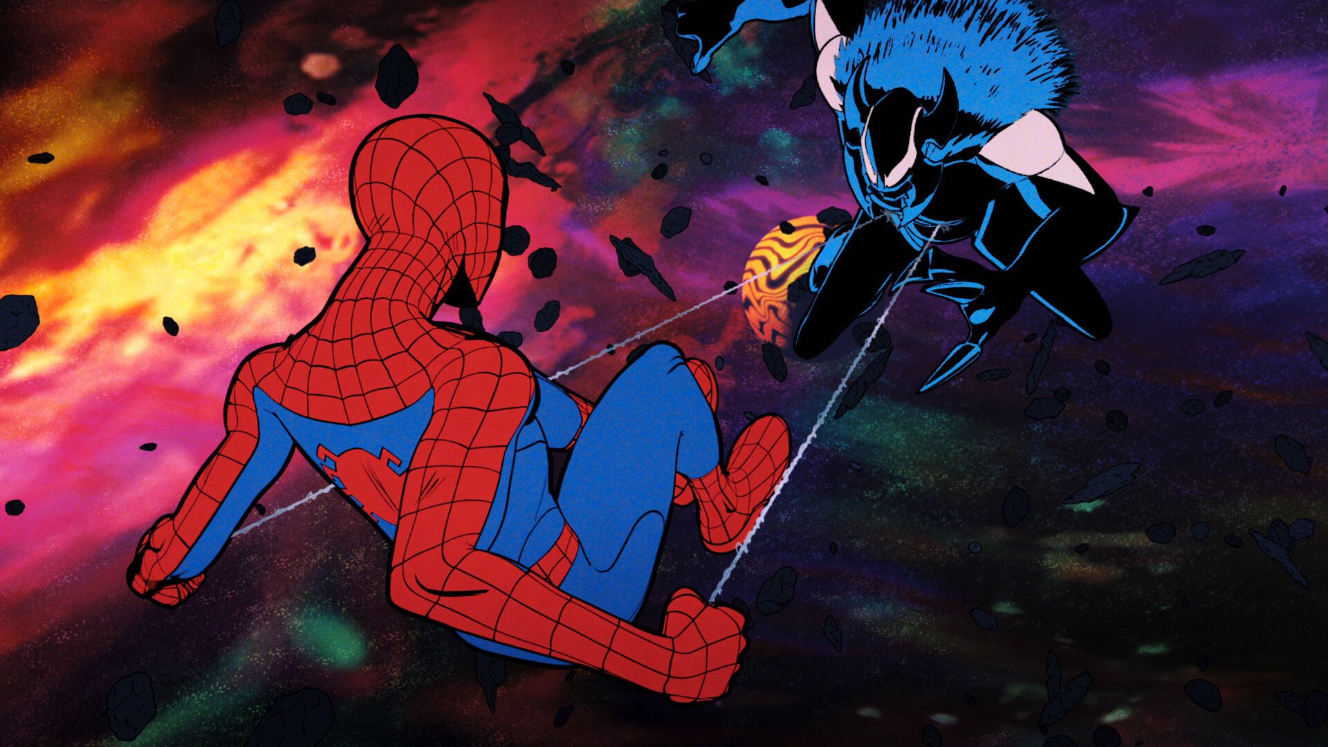 A dynamic scene from Your Friendly Neighborhood Spider-Man, featuring Spider-Man and Venom in a colorful, explosive backdrop, showcasing their intense action in stunning 4K Ultra HD.