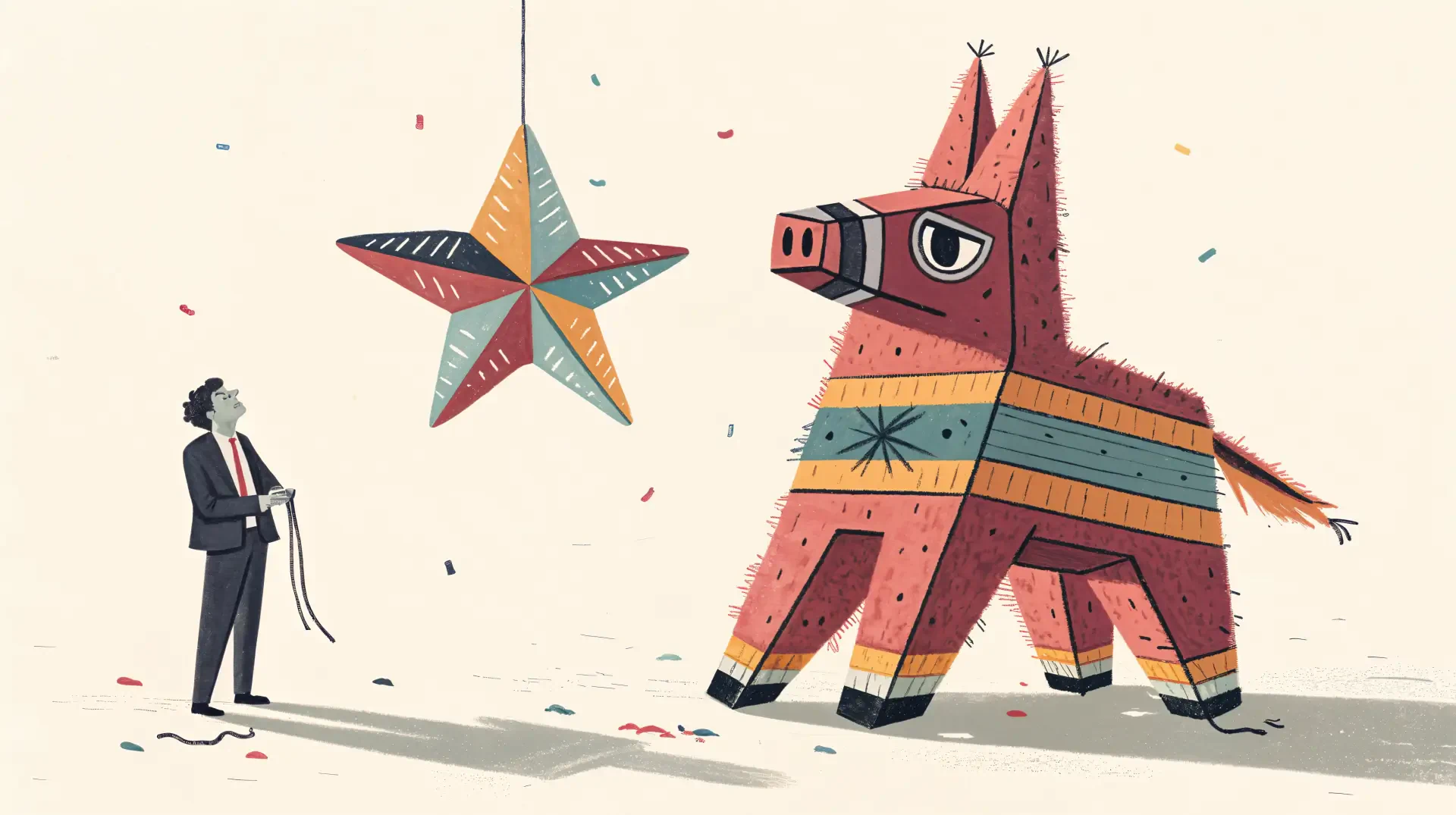 A colorful piñata shaped like a donkey stands against a backdrop of confetti, with a person holding a stick, set in a vibrant 4K Ultra HD wallpaper.