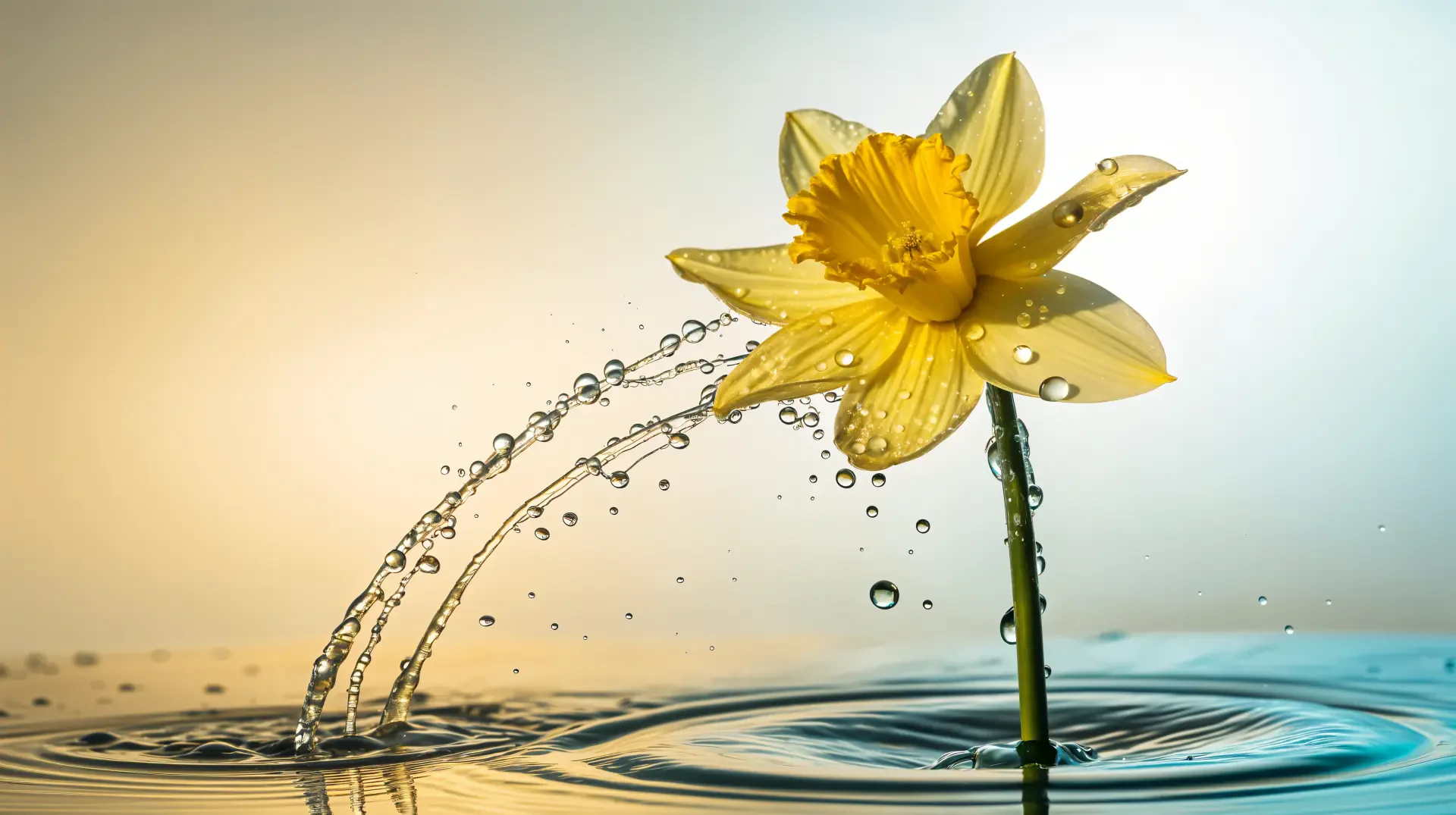 A vibrant daffodil rises from water, surrounded by cascading droplets, creating a serene and refreshing ambiance in this 4K Ultra HD desktop wallpaper.