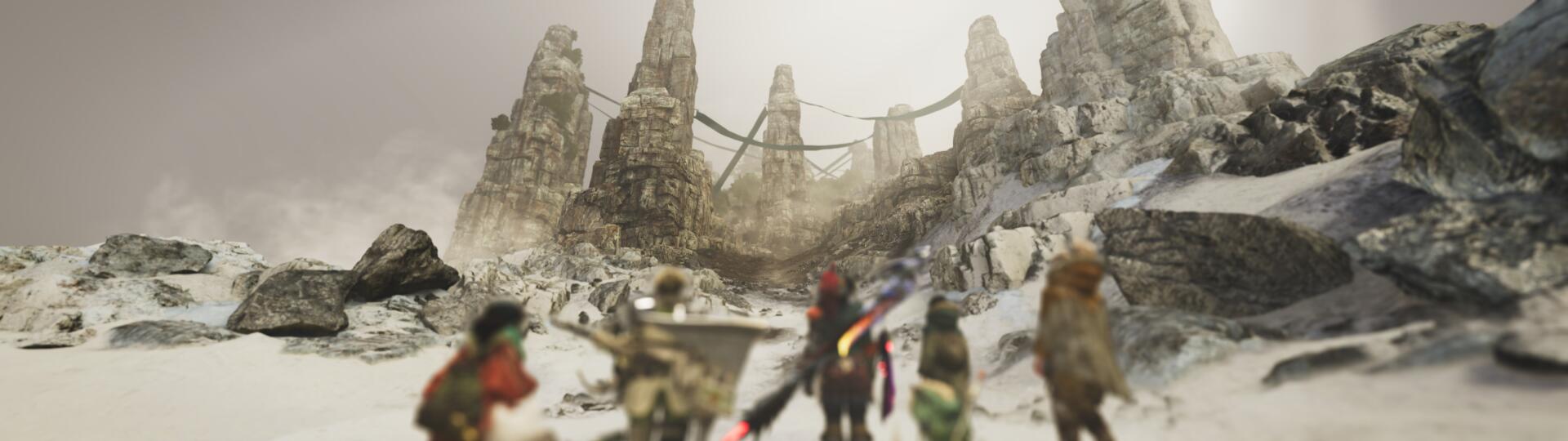 HD PC desktop wallpaper from the video game Monster Hunter Wilds featuring characters exploring a snowy, rocky landscape with tall stone pillars and rope bridges.