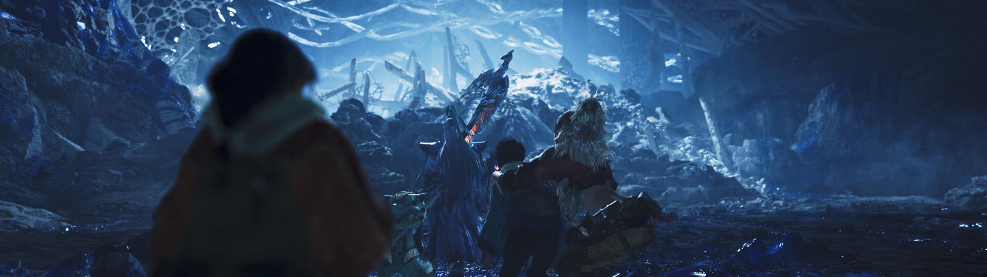 HD PC desktop wallpaper featuring characters from the video game Monster Hunter Wilds in a dark, icy cavern setting.