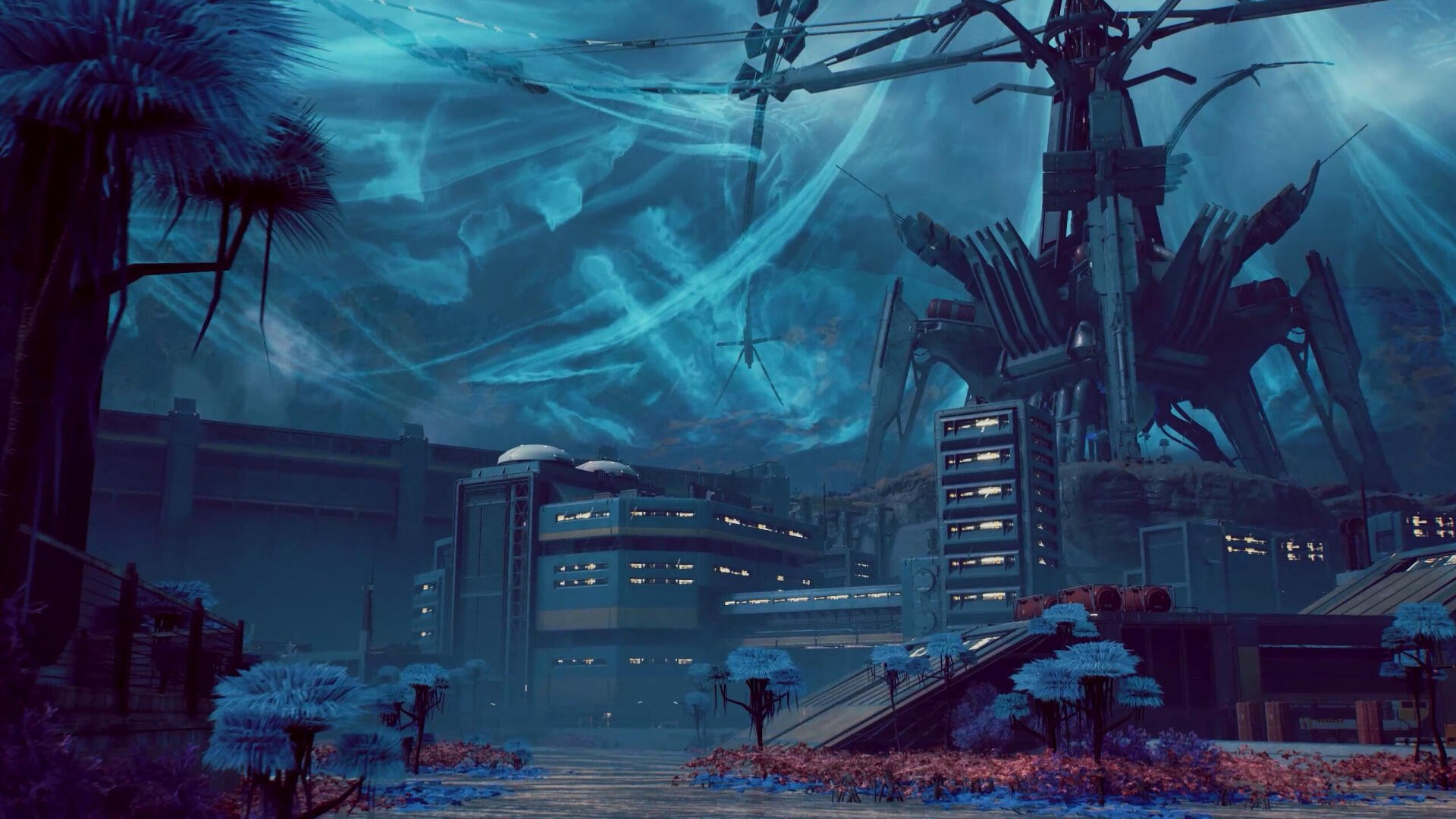 A stunning HD PC desktop wallpaper featuring a futuristic environment from the video game War Robots: Frontiers, showcasing advanced structures and surreal landscapes.