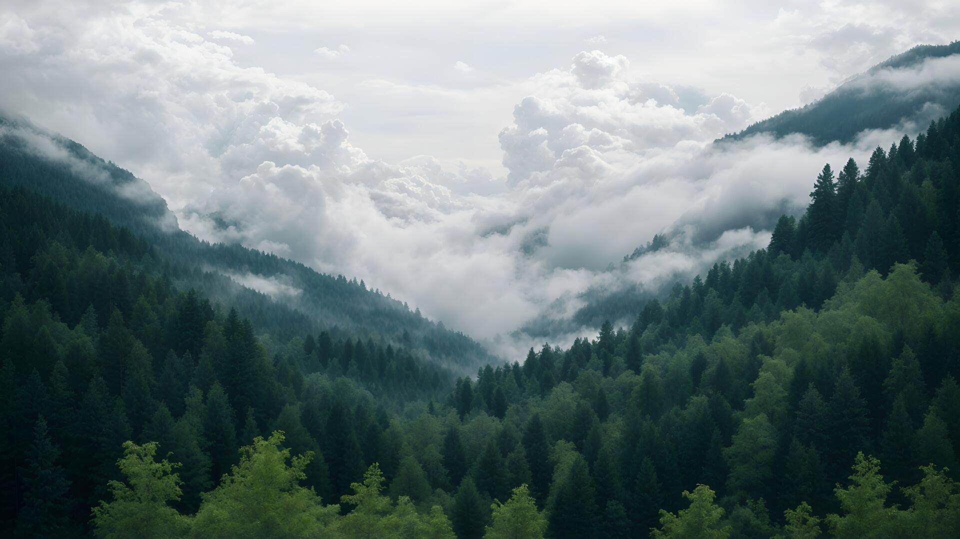 A misty forest landscape with dense trees and clouds drifting through mountain valleys, captured in stunning 4K Ultra HD for a PC desktop wallpaper background.