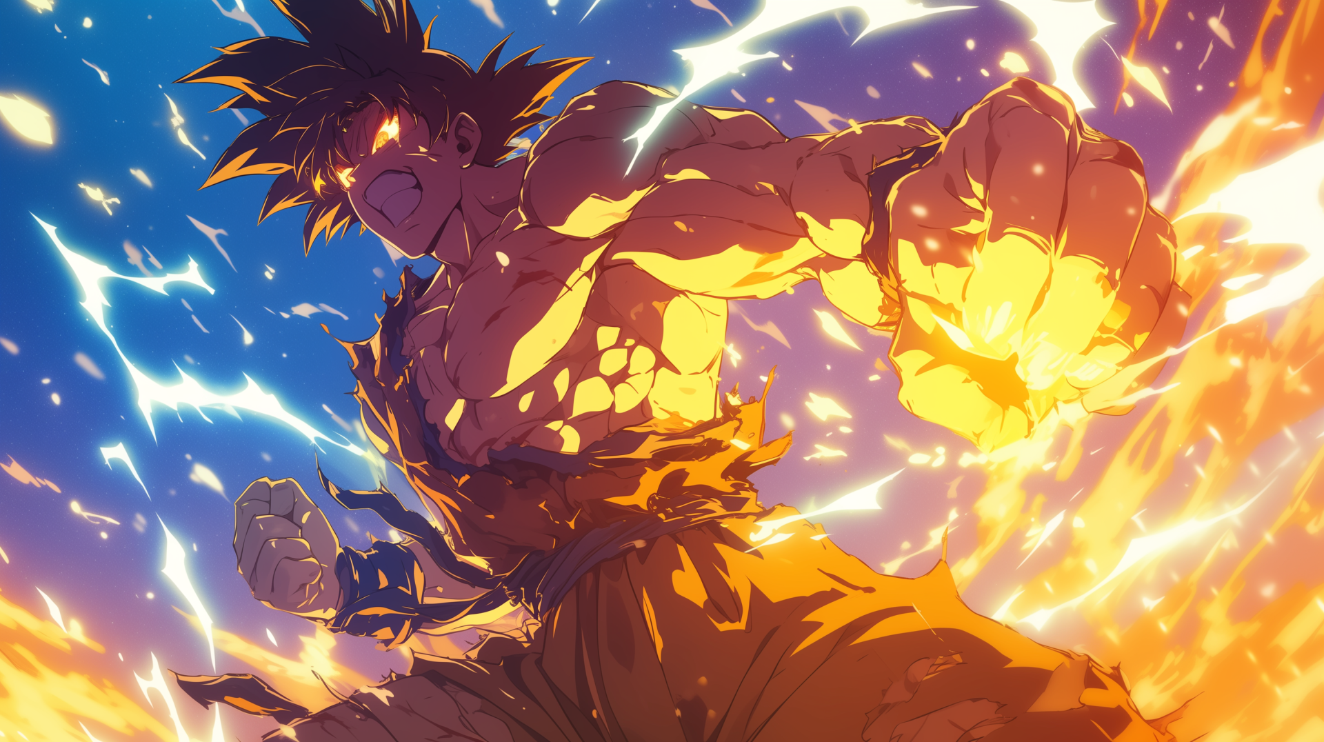 A vibrant HD wallpaper featuring Goku from Dragon Ball Z, showcasing his intense aura as he charges up his power, illuminated by dynamic flames and electric energy.