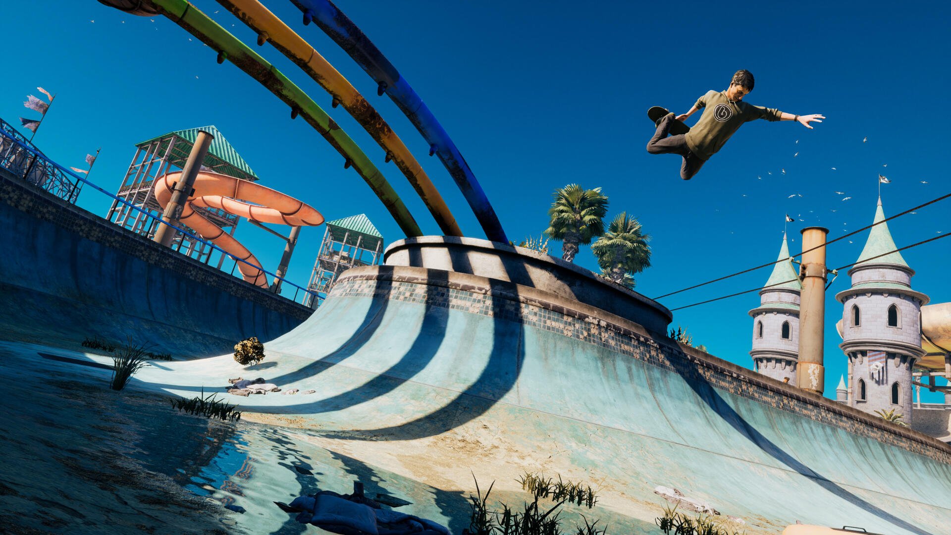 A vibrant 4K Ultra HD wallpaper featuring an action-packed skateboarding scene from Tony Hawk's Pro Skater 3 and 4, showcasing a skater soaring above a colorful halfpipe.