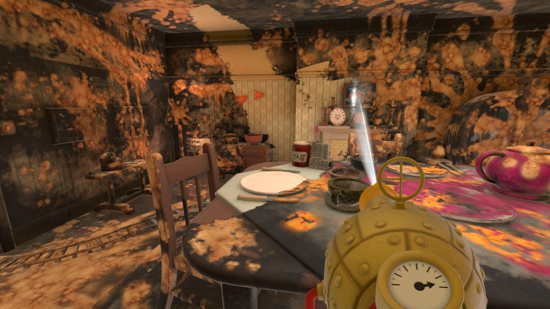 HD wallpaper featuring a scene from PowerWash Simulator – Wallace & Gromit Special Pack, depicting a messy kitchen ready for cleaning with various items scattered around.