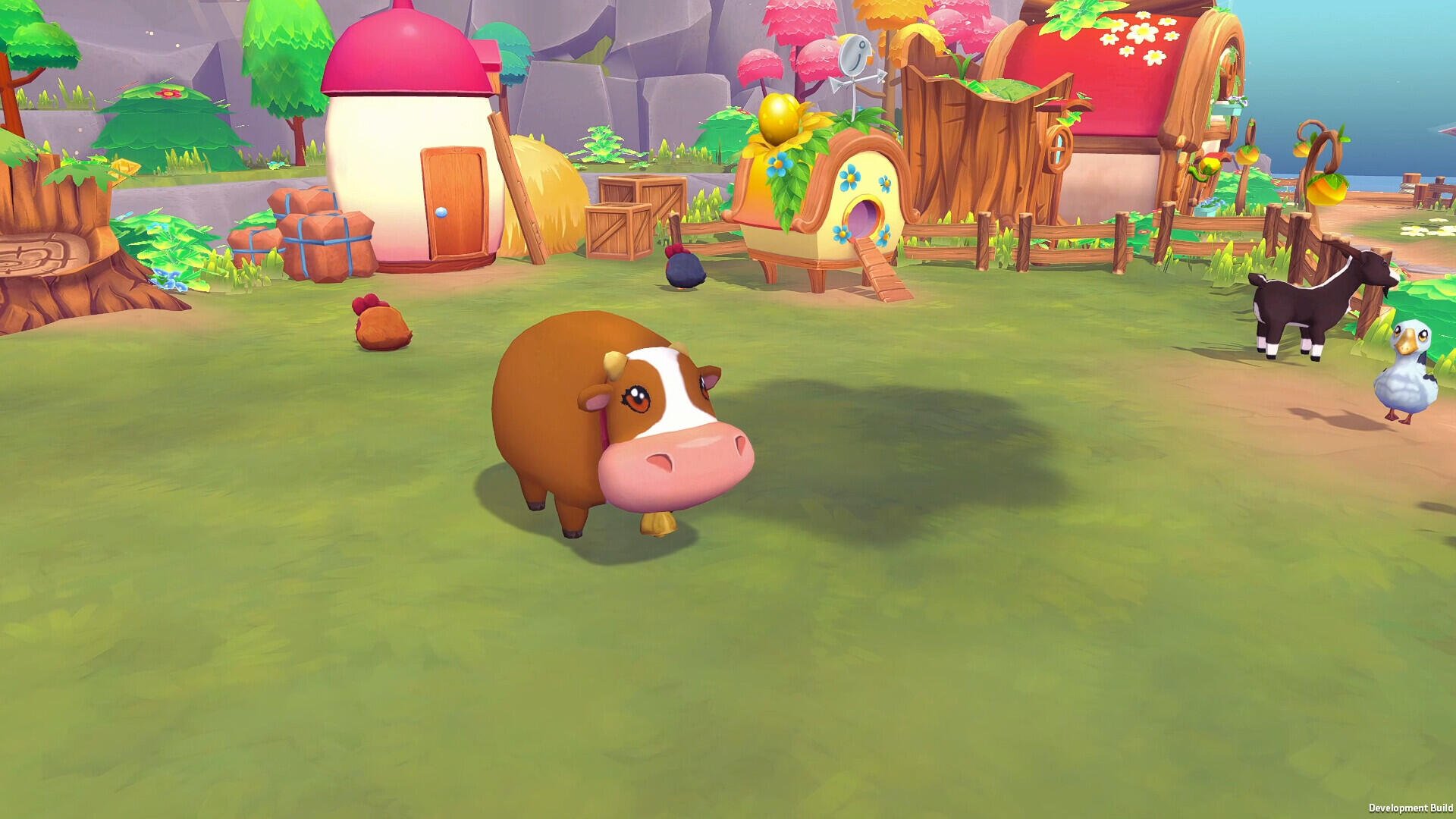 A charming scene from Sugardew Island, showcasing a cozy farm shop with vivid colors, a playful cow in the foreground, and quaint buildings surrounded by lush greenery.