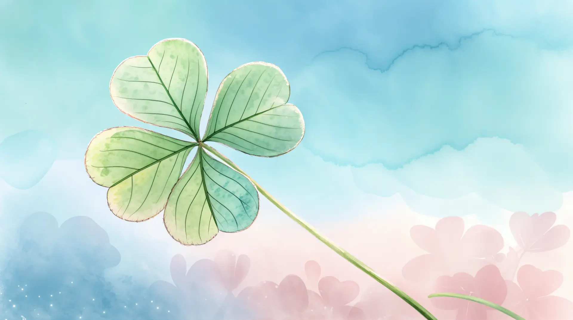 A beautifully illustrated clover against a soft blue and pink background, featuring delicate lines and a serene aesthetic, designed as a 4K Ultra HD PC desktop wallpaper and background.