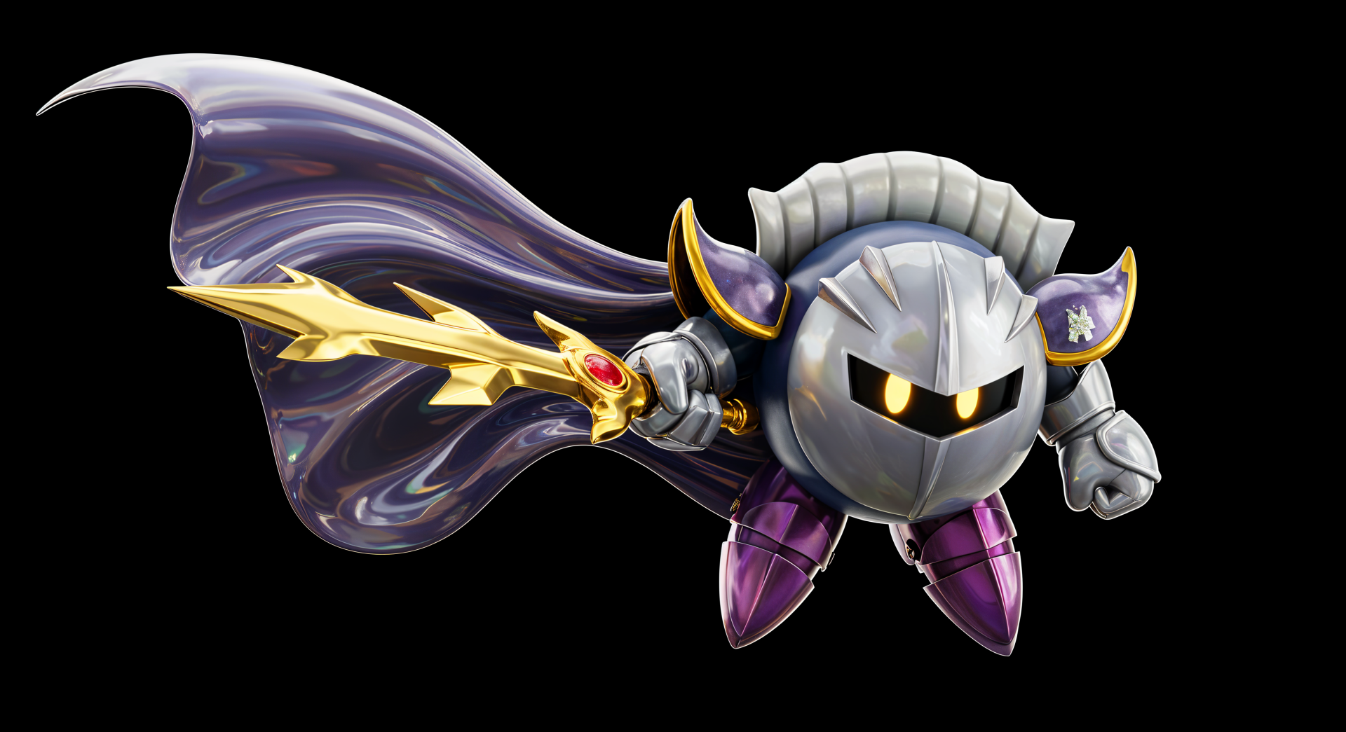 A striking 4K Ultra HD PC desktop wallpaper featuring Meta Knight, showcasing his iconic silver armor, purple accents, and a golden sword against a dark background.