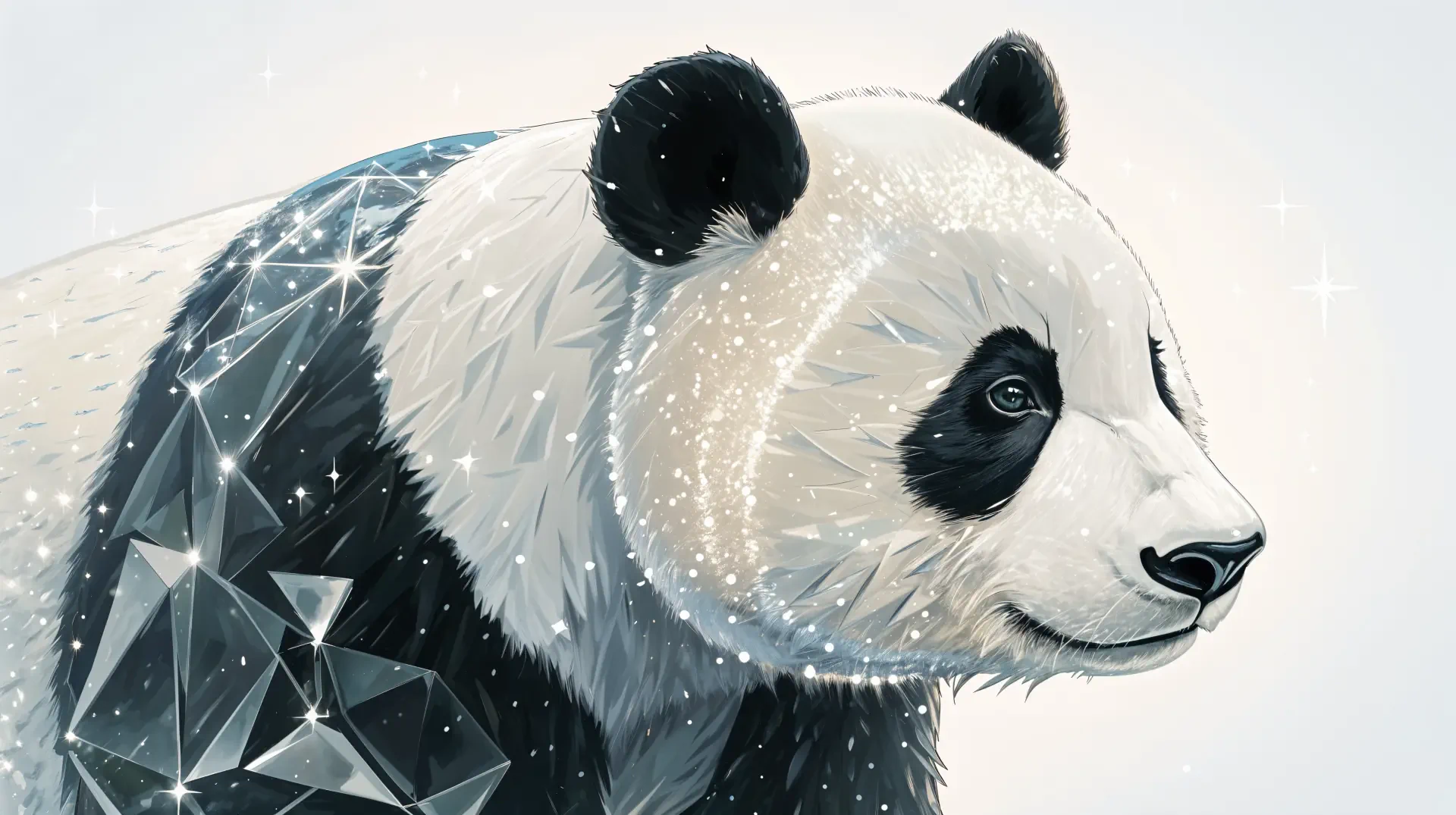 A detailed illustration of a panda features a blend of realistic and geometric artistic elements, showcased in a stunning 4K Ultra HD format for desktop wallpaper.
