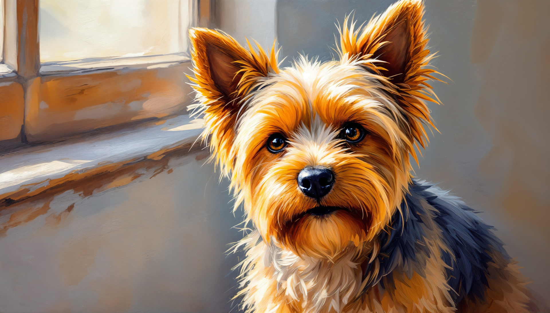 A vibrant, detailed 4K Ultra HD wallpaper featuring a Yorkshire Terrier with expressive eyes, sitting by a sunlit window, showcasing its fluffy, golden and black fur.