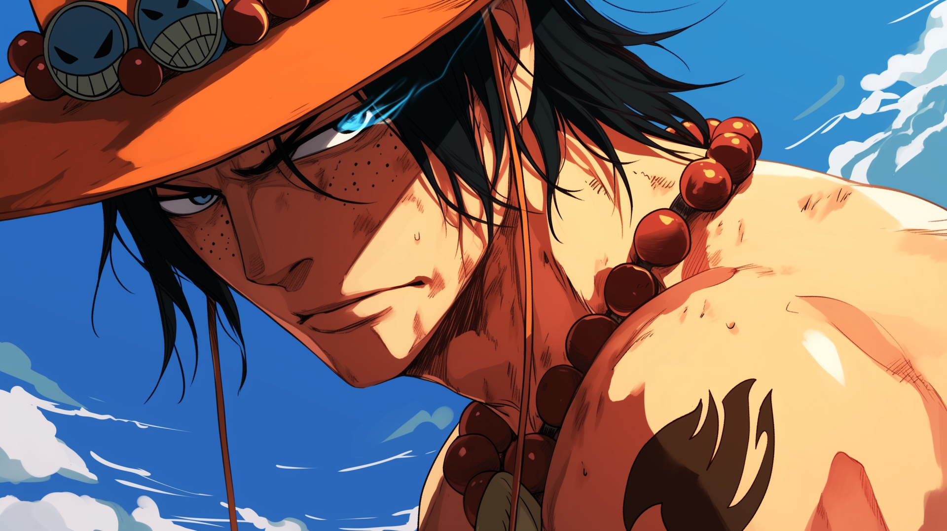 A striking HD wallpaper featuring Portgas D. Ace from One Piece, showcasing his intense expression against a vibrant blue sky, highlighting his iconic hat and necklace.
