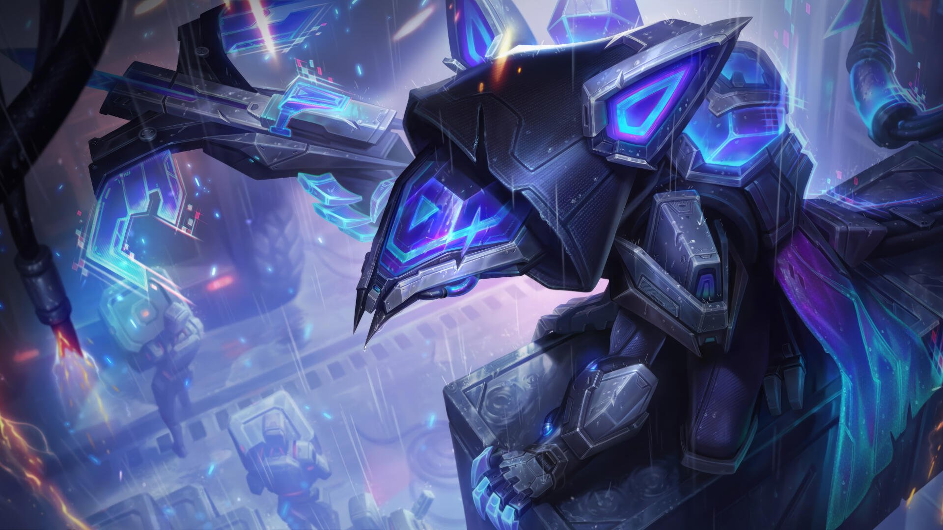 8K Ultra HD League of Legends-themed PC desktop wallpaper featuring a futuristic, robotic character in a dynamic, glowing sci-fi environment linked to Twitch gaming.