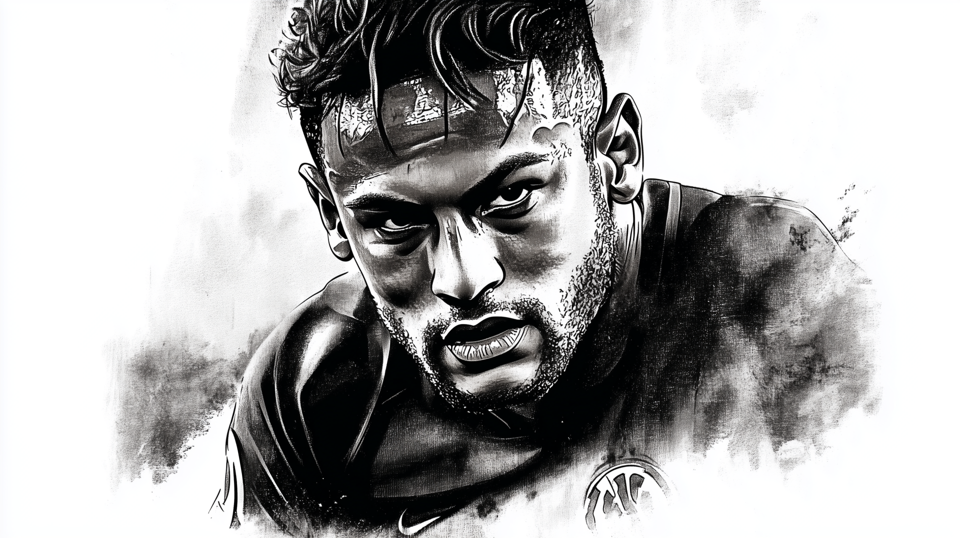 Black and white artistic portrait of Neymar, capturing the intensity of the soccer star. This HD wallpaper showcases his fierce expression and athleticism in a dynamic design.