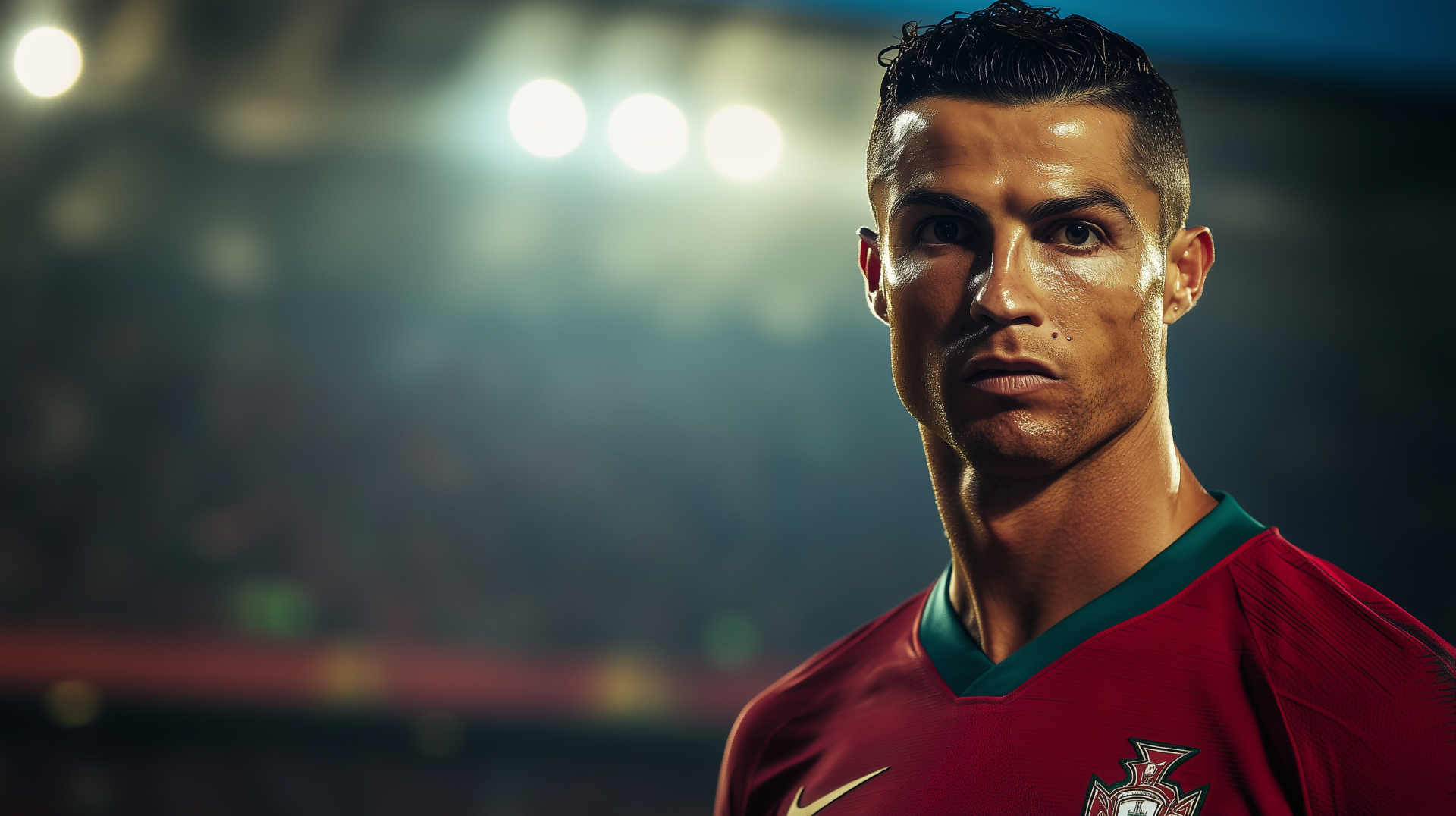 Cristiano Ronaldo stands confidently in his Portugal National Football Team jersey, captured in a striking HD wallpaper that embodies the intensity of soccer.