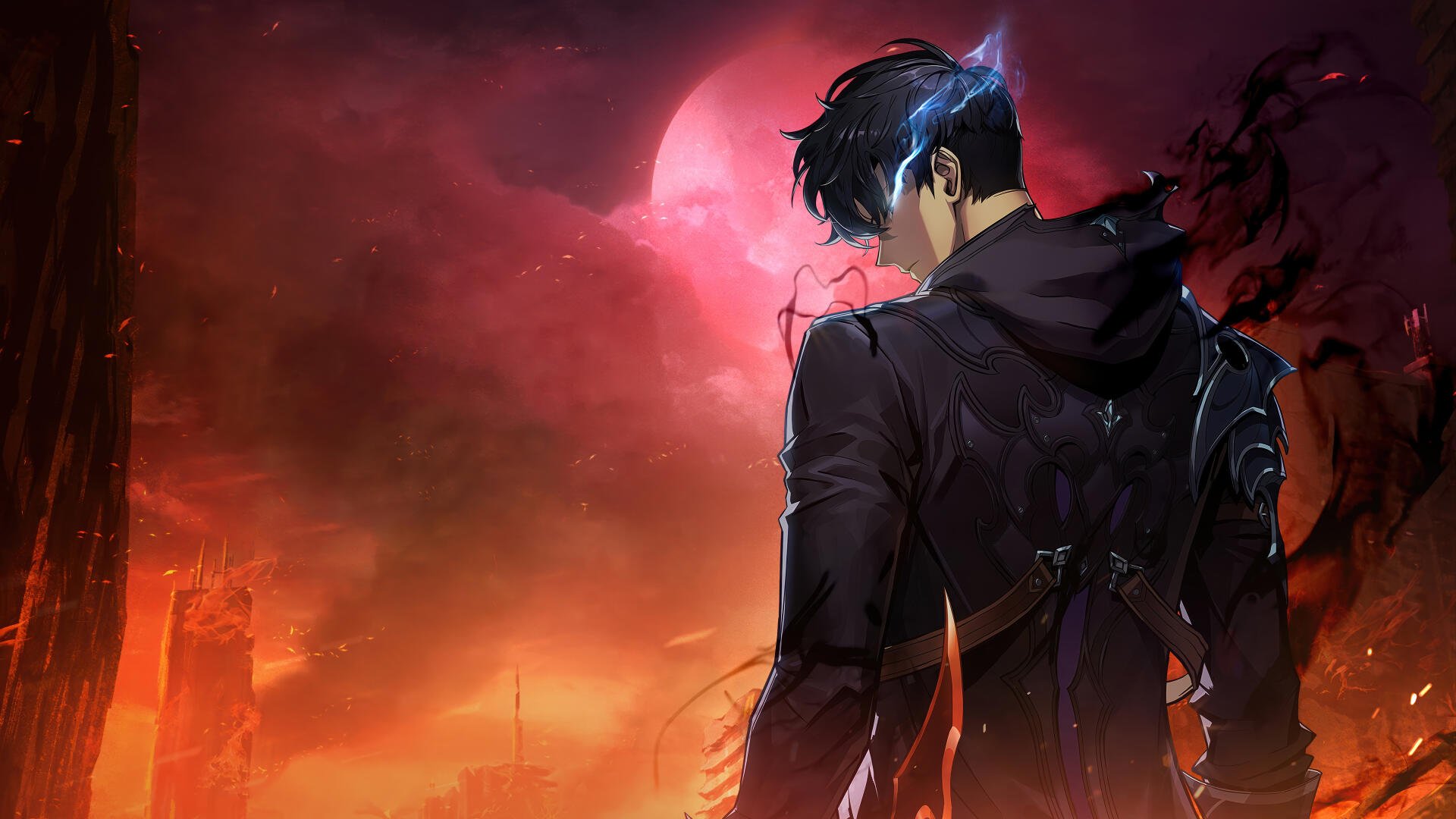 4K Ultra HD Solo Leveling wallpaper featuring Sung Jin-Woo standing against a fiery red sky with a glowing moon, exuding a dark and intense atmosphere.